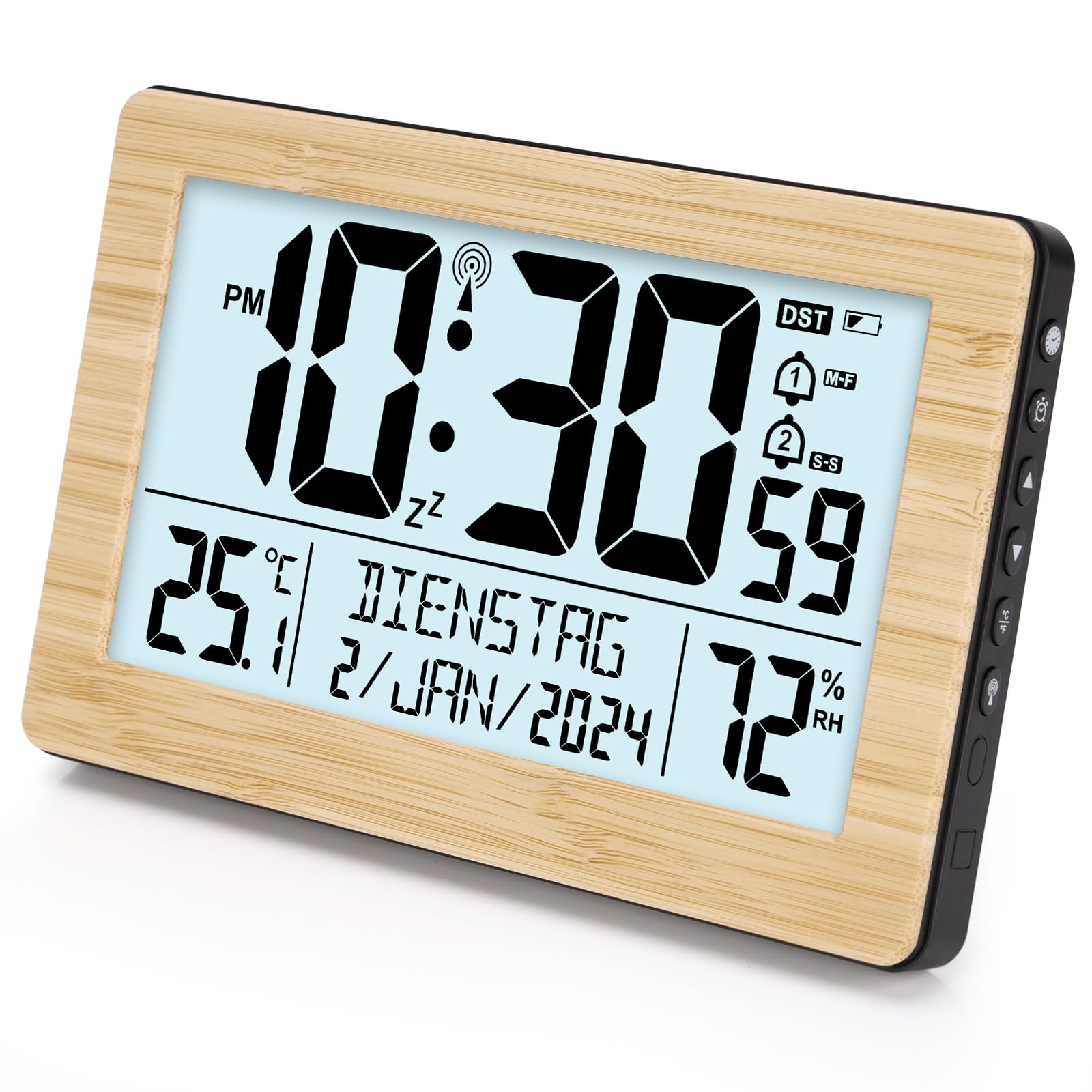 VINILITE Despertador Digital de Sobremesa con Pantalla Grande LCD, Calendario, Temperatura, Humedad, Reloj de Pared Inteligenre Controlado por Radio