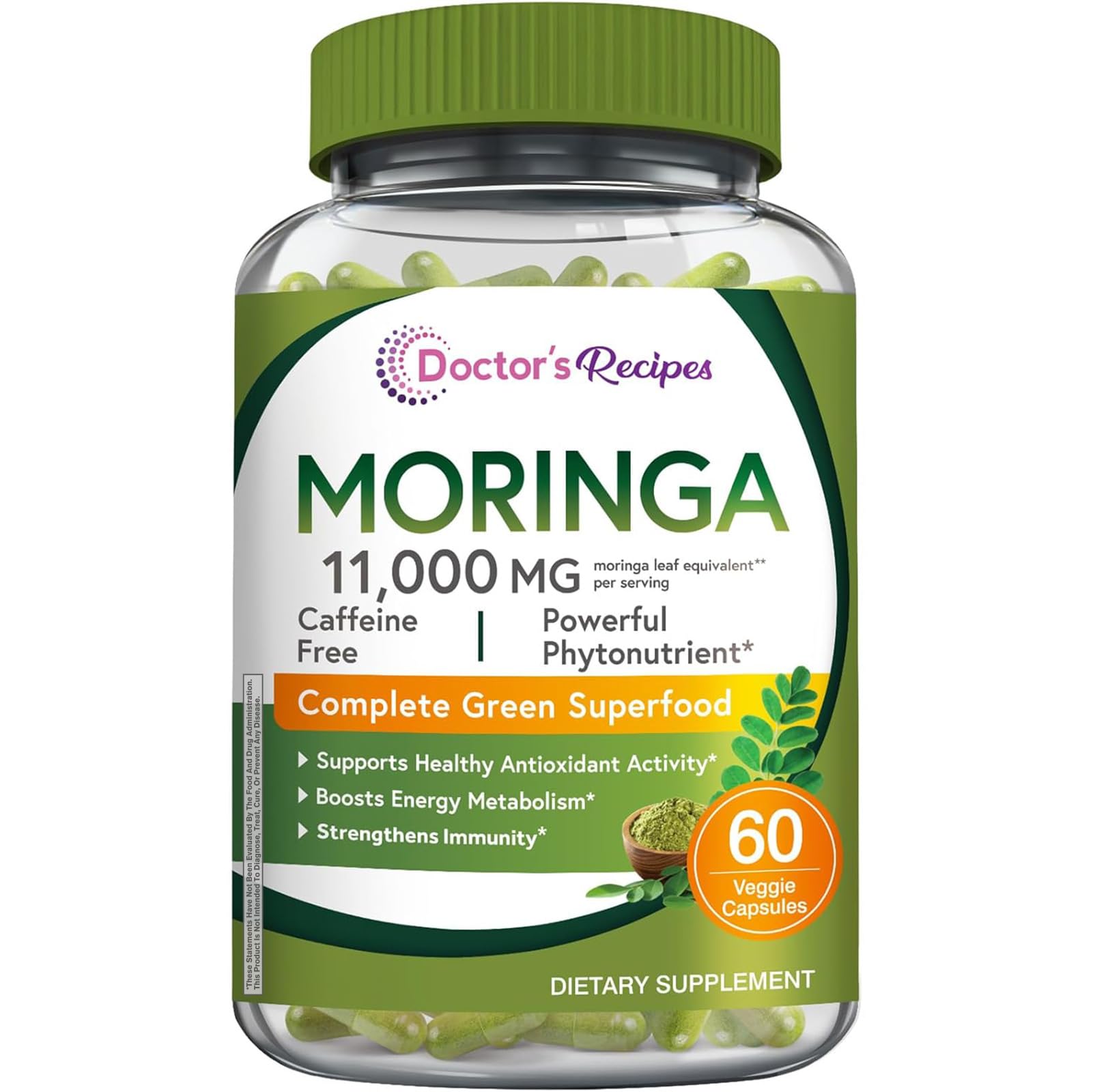 Doctor's Recipes Moringa 11,000 mg Strength, Complete Green Superfood, Natural Antioxidant Support, Non-GMO, 60 Vegan Caps, No Caffeine Soy Gluten