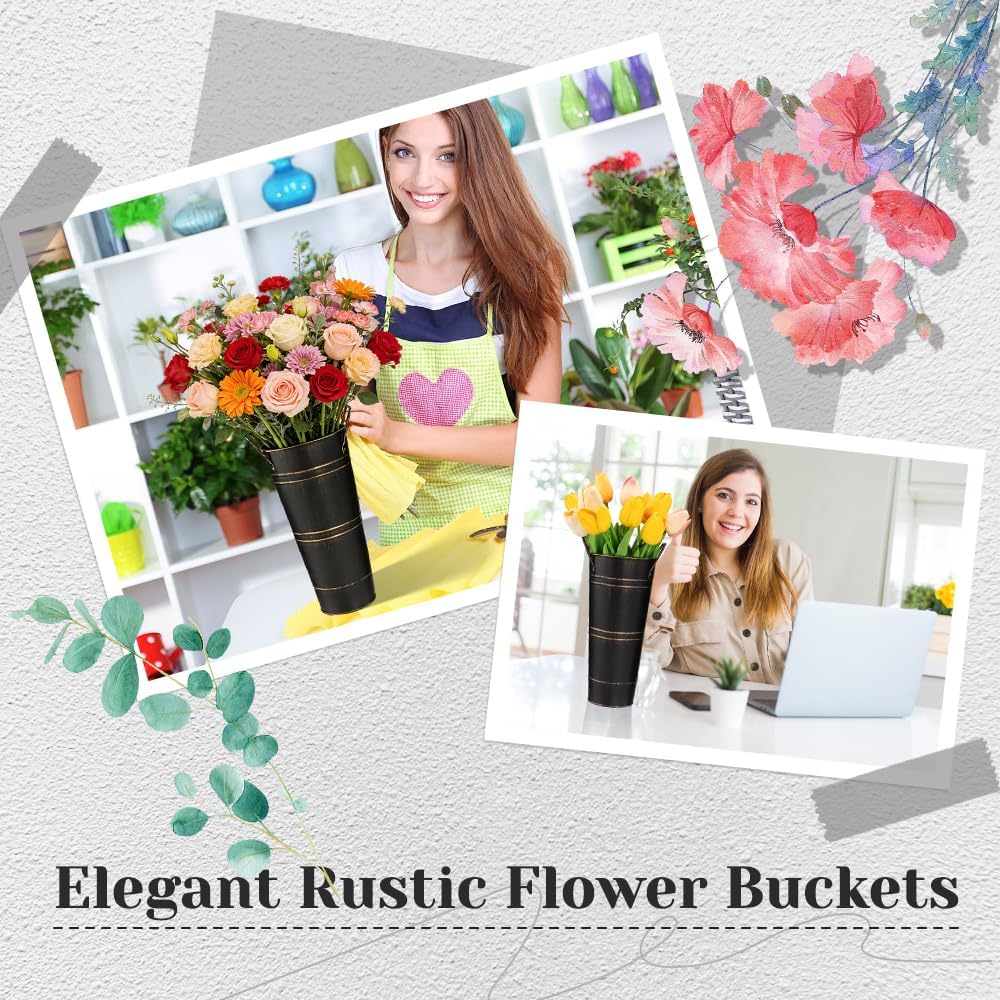 8 Pcs 10 Inch Galvanized Metal Vase, Farmhouse Decorative Flower Buckets for Cut Flowers, French Country Decorative Vases for Home Table Wedding Birthday (Black)