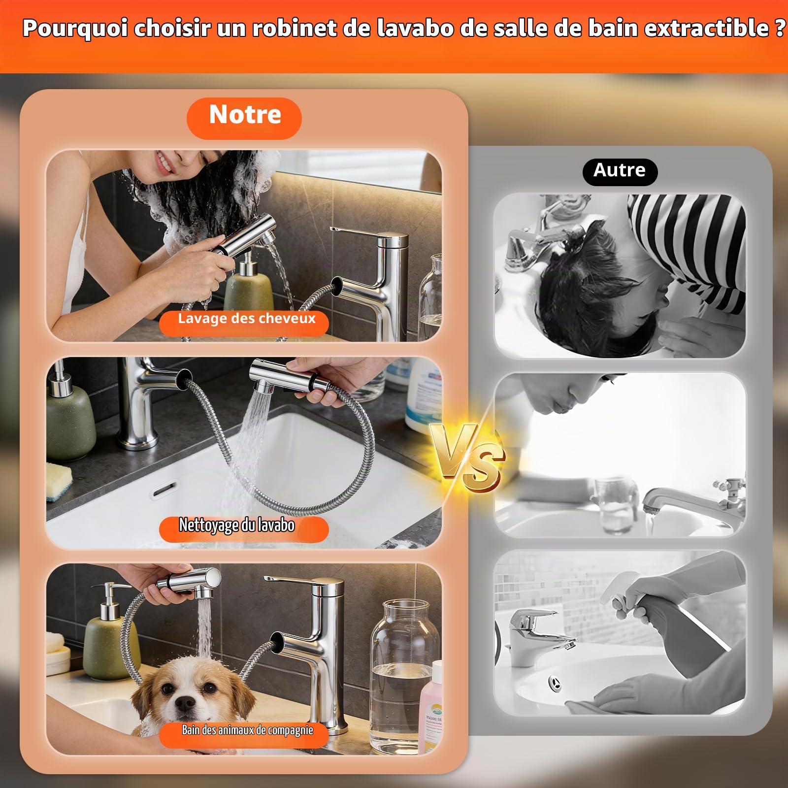 Robinet Salle Bain, Mitigeur Lavabo Anti-Rouille Avec Douchette Extractible 60 Cm, Robinet Lavabo Haut Laiton En 3-En-1, Mitigeur Salle De Bain Cuisine Évier, Accessoires Inclus, Chrome