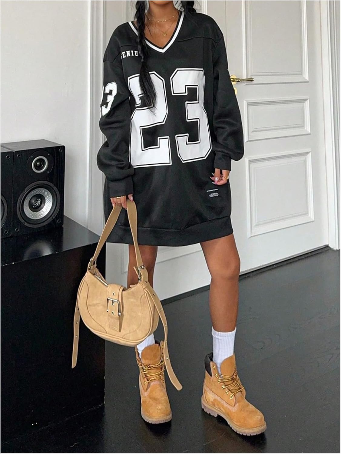 MakeMeChic Women's Oversized Jersey Dress Y2K Number Print V Neck Long Sleeve Pullover Sweatshirt - Image 4