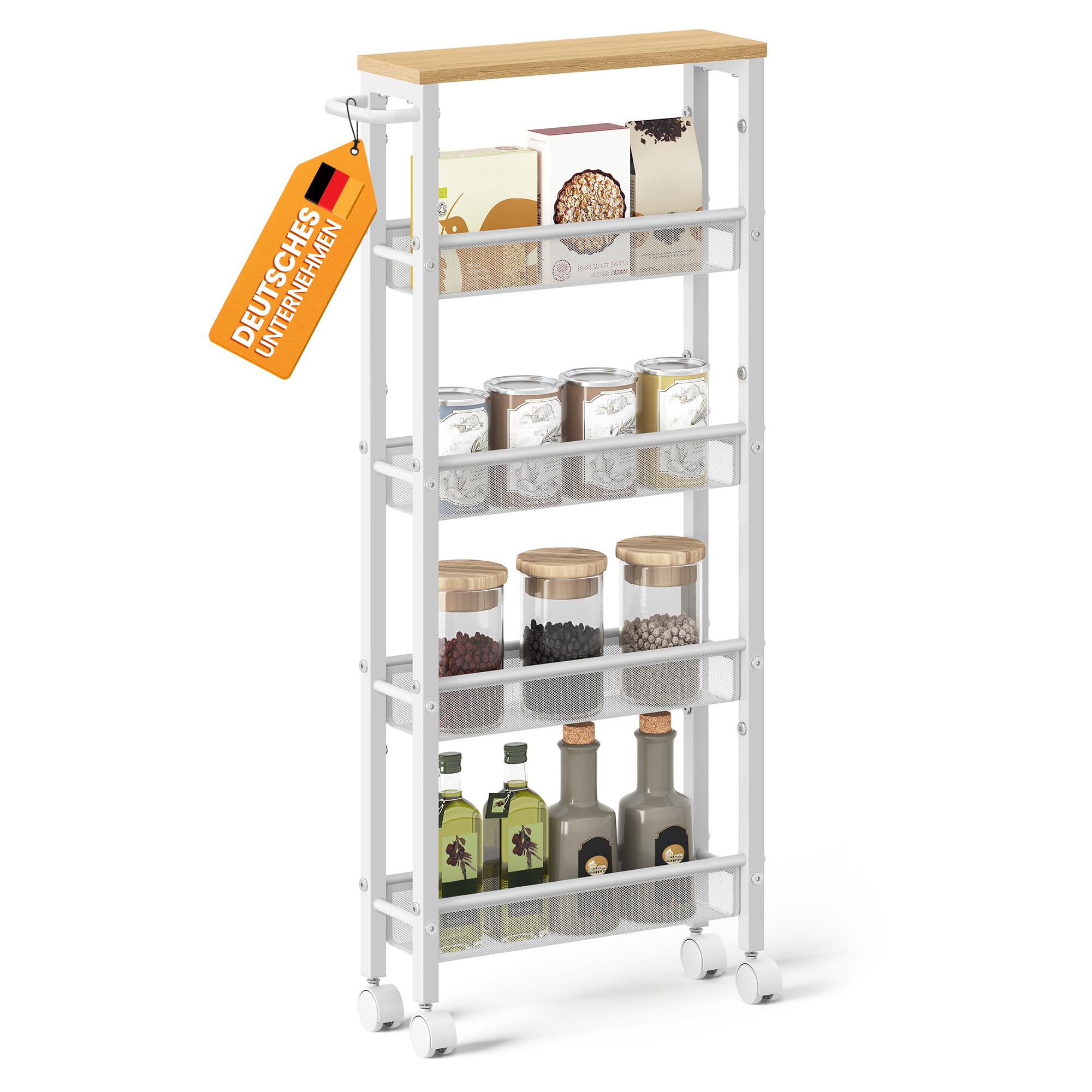 VASAGLE Rollwagen 5 Ebenen, Küchenwagen schmal, Nischenregal auf Rollen, Stahl, Griff, für kleine Räume, 13 x 45,4 x 99,6 cm, Küche, Bad, Wohnzimmer, Arbeitszimmer, eichenfarben-weiß LRC034W09