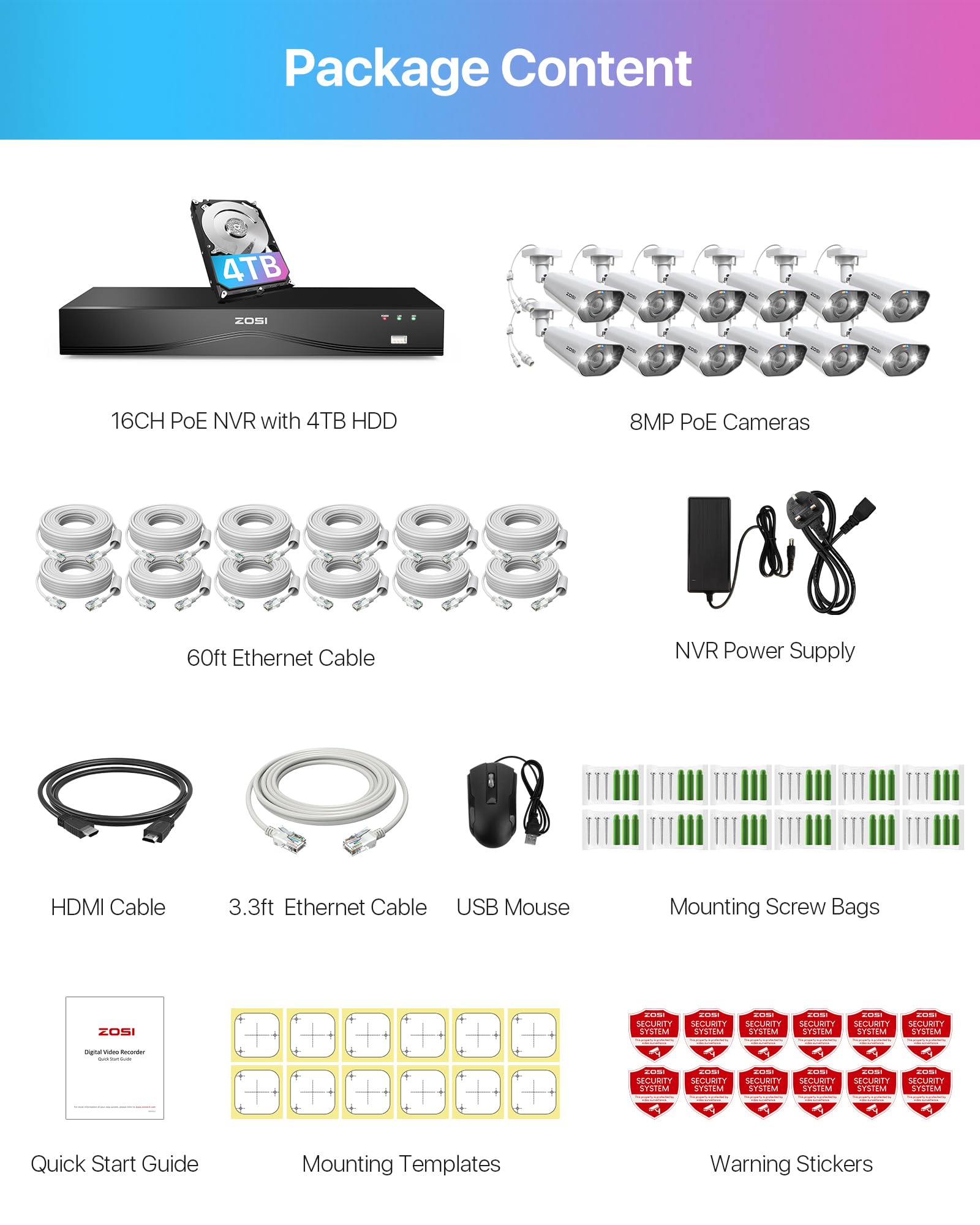 ZOSI 32CH 4K PoE Kit di Telecamere di Sorveglianza, Audio Bidirezionale, 12x PoE Telecamere Esterni, 8MP NVR HDD da 4TB, Rilevamento di Persone/Veicoli, Allarme Acustico, Visione Notturna a Colori | Rilevamento IA di Persona/Veicolo, Audio Bidirezionale,
