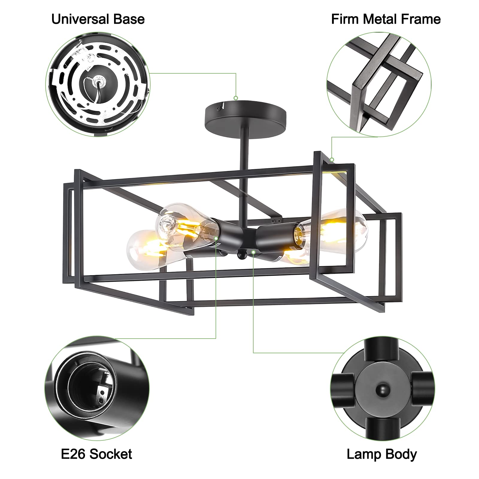 4-Light Black Semi Flush Mount Ceiling Light Fixture, Morden Industrial Ceiling Light, Farmhouse Light Fixtures Ceiling for Kitchen Dinning Room Entryway Hallway Bedroom Foyer