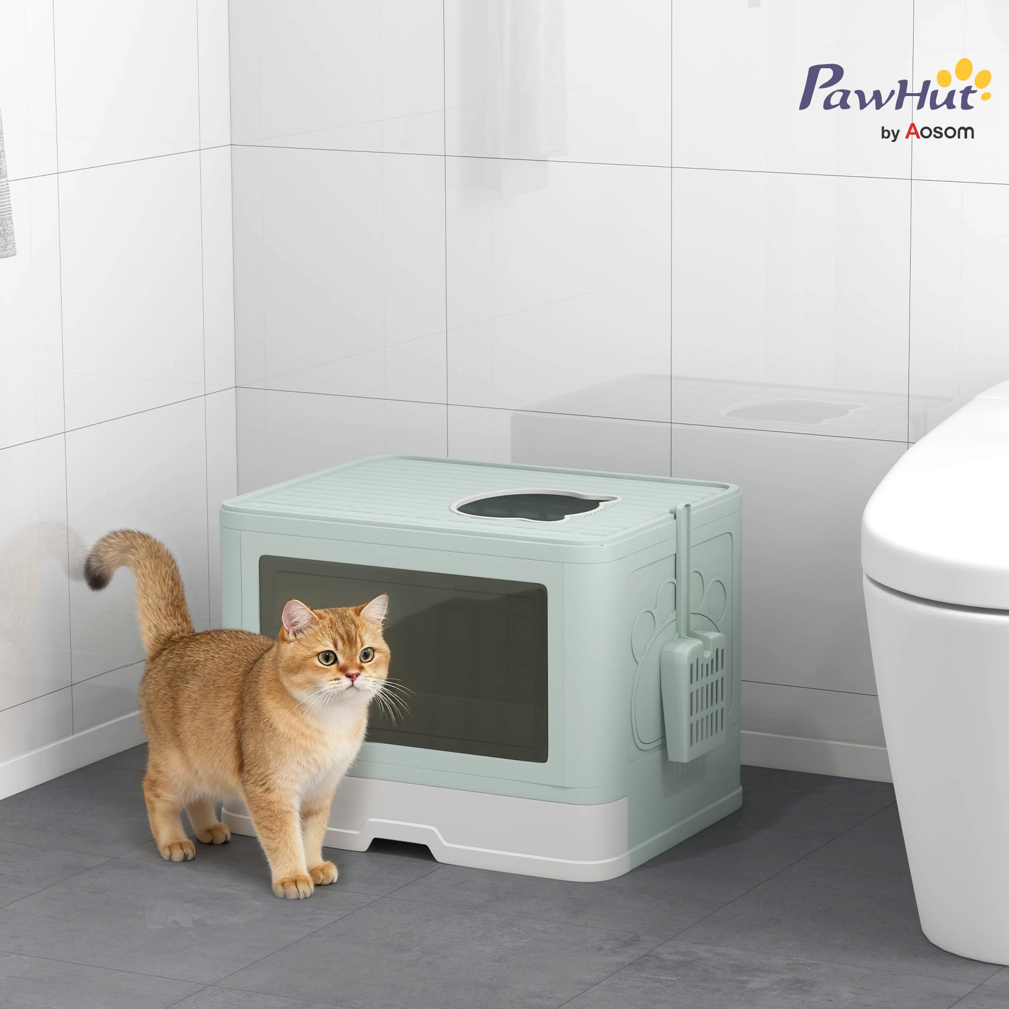 PawHut Lettiera per Gatti Chiusa con Coperchio Apertura Frontale Verde | Toilette per Gatti, Doppia Entrata Frontale e Superiore, Cassetto Estraibile, Paletta e Spazzola, Facile da Pulire