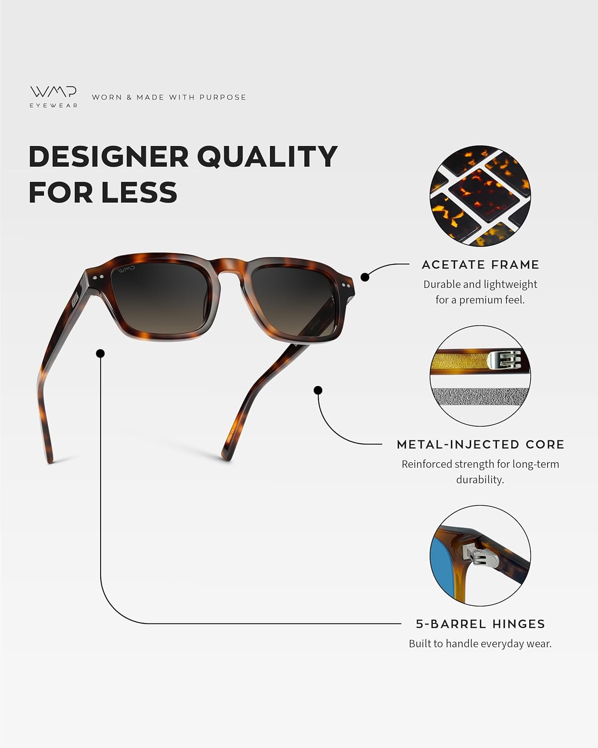 WMP Eyewear - Men's Polarized Sunglasses: Narrow Geometric Frame, Rectangular Lenses, Round Rivets, Injected Metal Core - Image 5