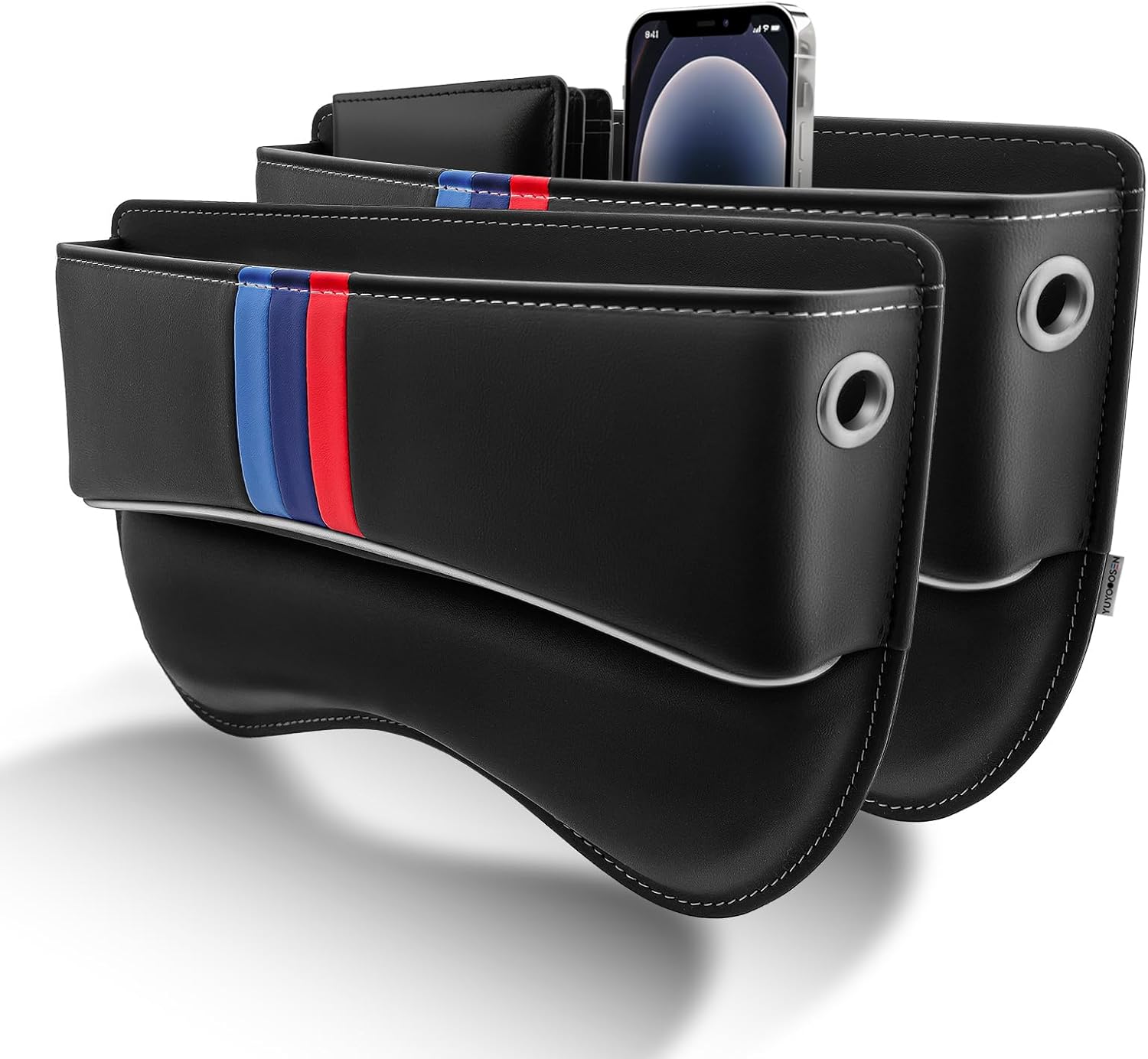 Car Seat Gap Filler Organizer for Front Seats, Leather Adjustable Car Seat Storage Box for Phones, Keys, Coins 2 Pack, Black