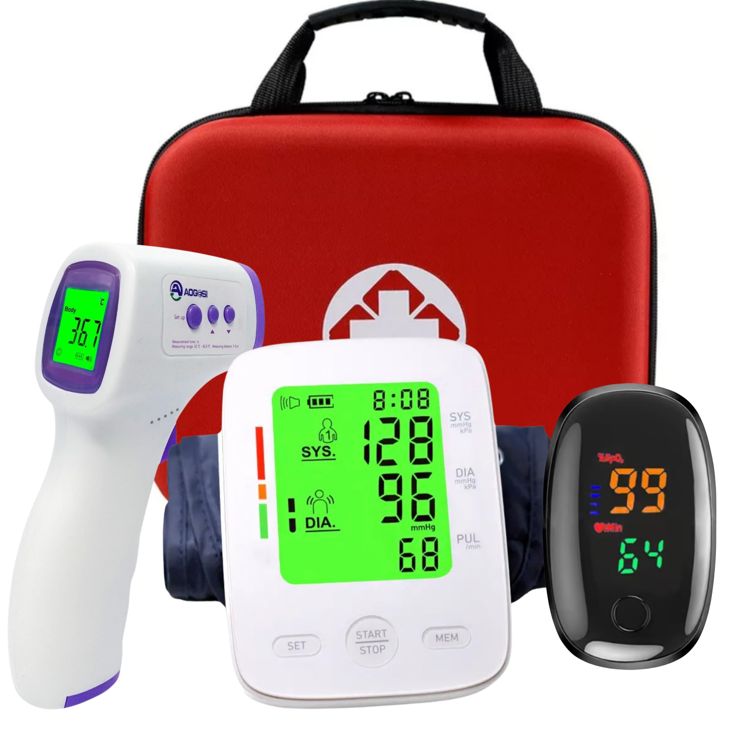 Tensiomètre Bras Électronique + Oxymètre de Doigt + Thermomètre Frontal – Kit Santé à Domicile 3en1 avec Mallette Rigide – Grands Écrans – Pack Surveillance Tension & Température– Seniors & Famille