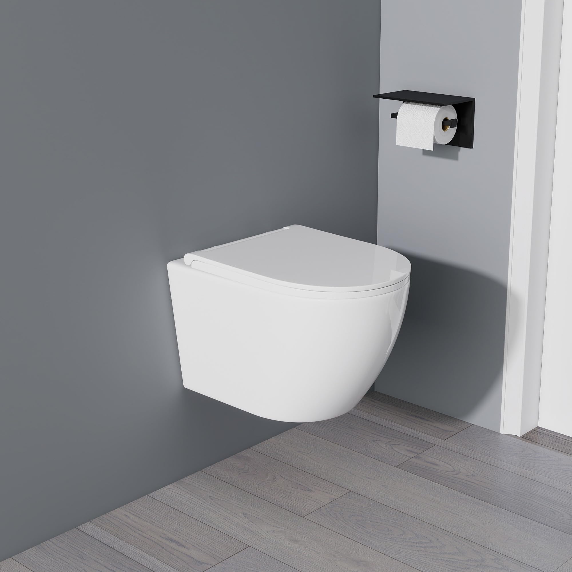 Yishang Wand WC Spülrandlos, Toilette WC mit Toilettendeckel mit Absenkautomatik, Hänge WC Runde mit Breiter Toilettensitz, Toilettenschüssel Weiß mit Nano, 53 cm lang