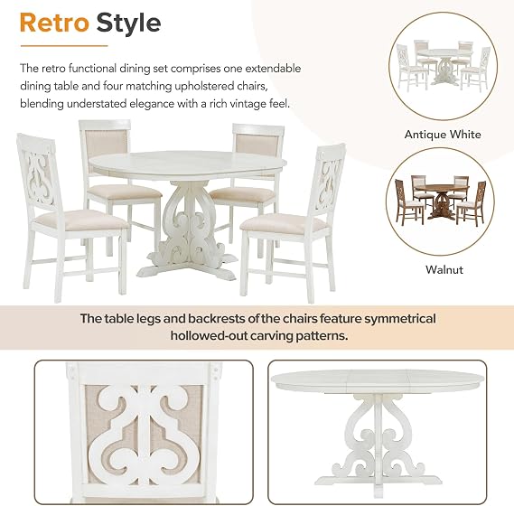 Retro 5-Piece Farmhouse Dining Table Set Extendable Round Oval Table with a 16-inch Leaf and 4 Upholstered Chairs for Kitchen Dining Room, Antique White