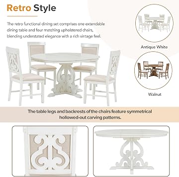 Retro 5-Piece Farmhouse Dining Table Set Extendable Round Oval Table with a 16-inch Leaf and 4 Upholstered Chairs for Kitchen Dining Room, Antique White