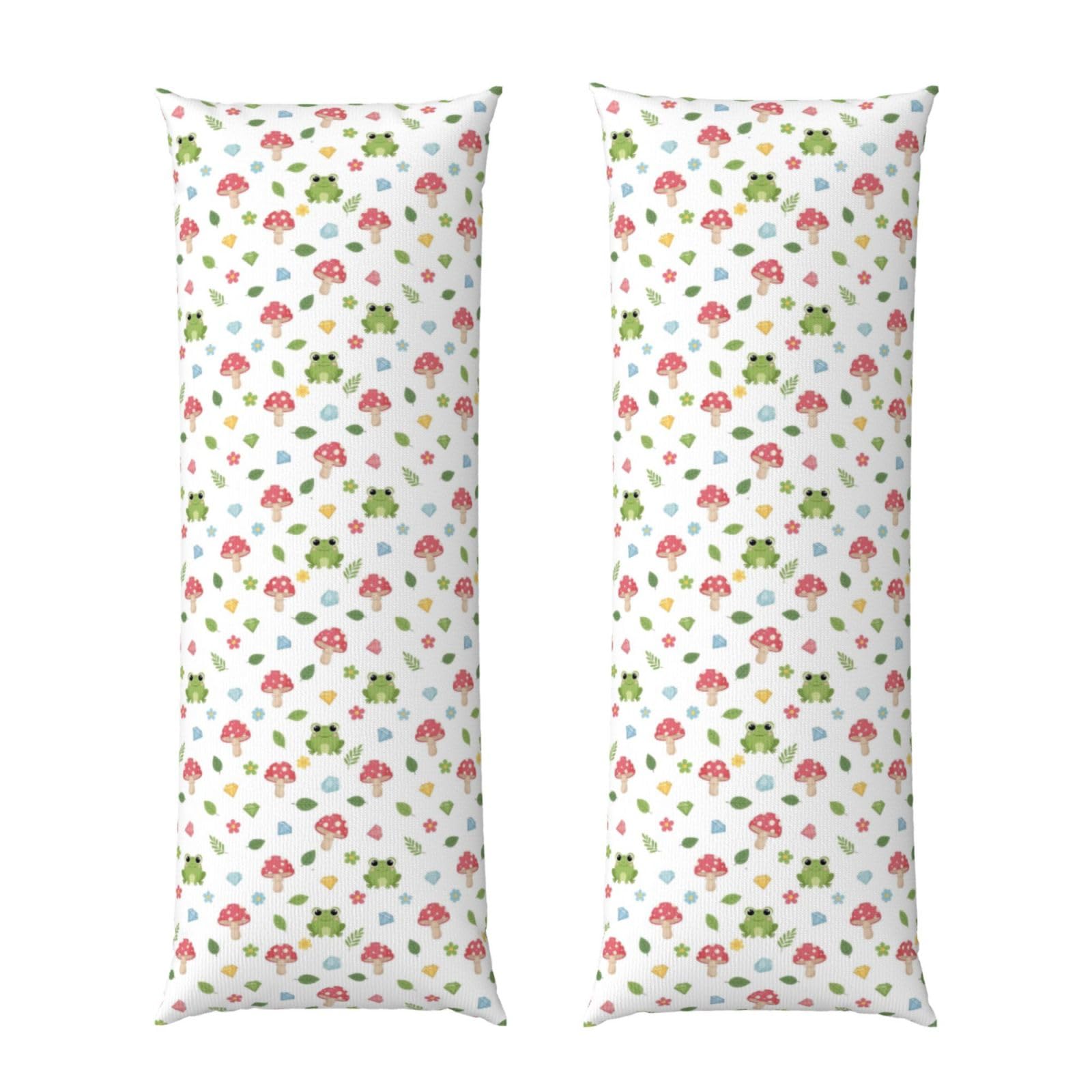 Body Pillow Cover 20x60 Floral Mushroom Cute Cartoon Green Frog, Soft Velvet Long Pillowcase with Hidden Zipper, Cozyffy Rectangular Case for Bed Sofa Decor