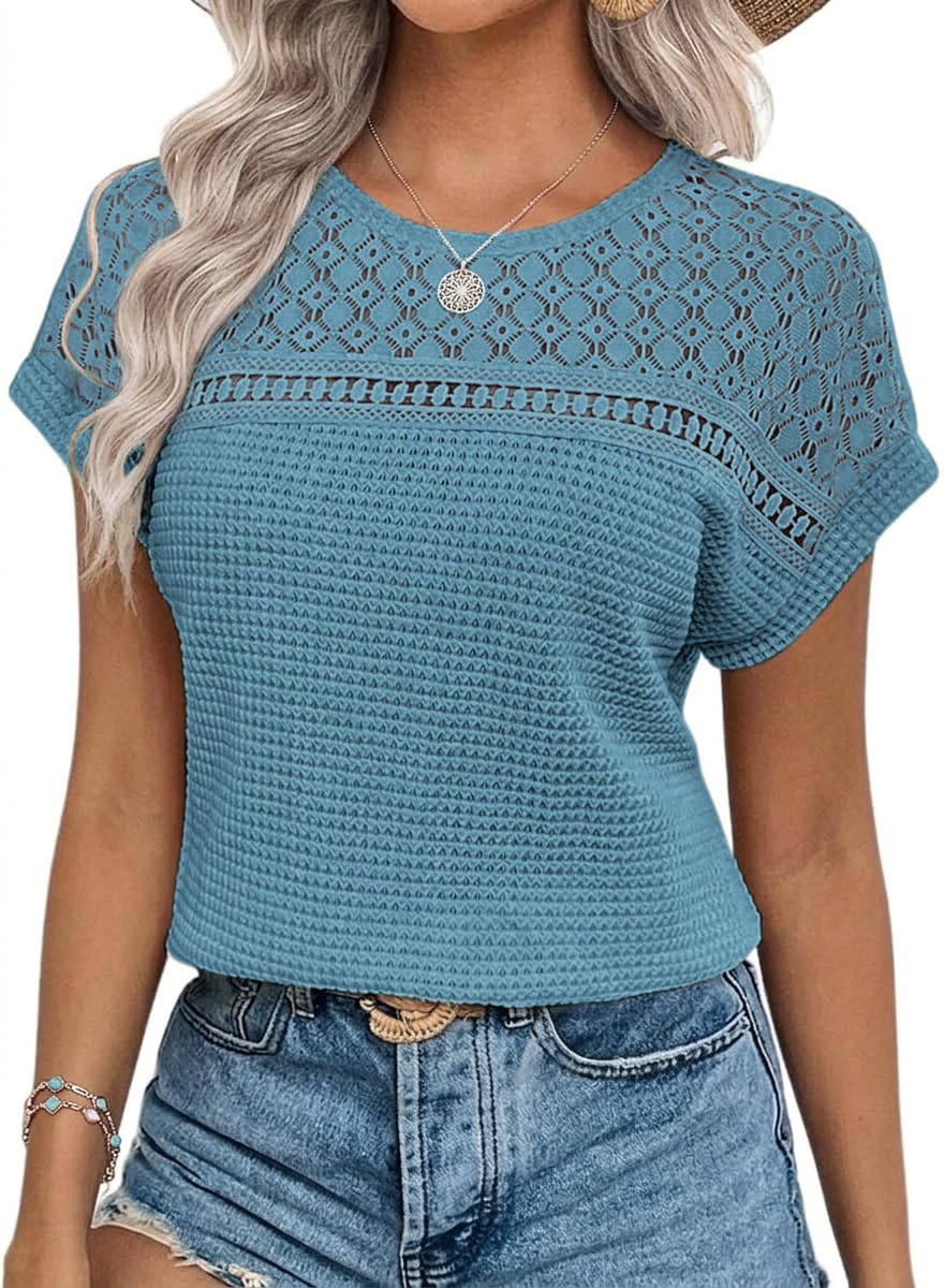 Chicrise Blouse Women's Elegant Short Sleeve Lace Tops Crochet Crew Neck T-Shirt Summer, Mist Blue, XL