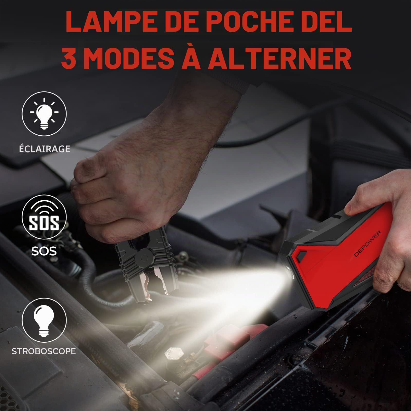 DBPOWER Démarreur de batterie de voiture 1600 A 12 V, démarreur portable avec pinces intelligentes, boussole, lampe LED et port Type-C, pack de booster de batterie pour moteurs essence jusqu'à 7,2 L