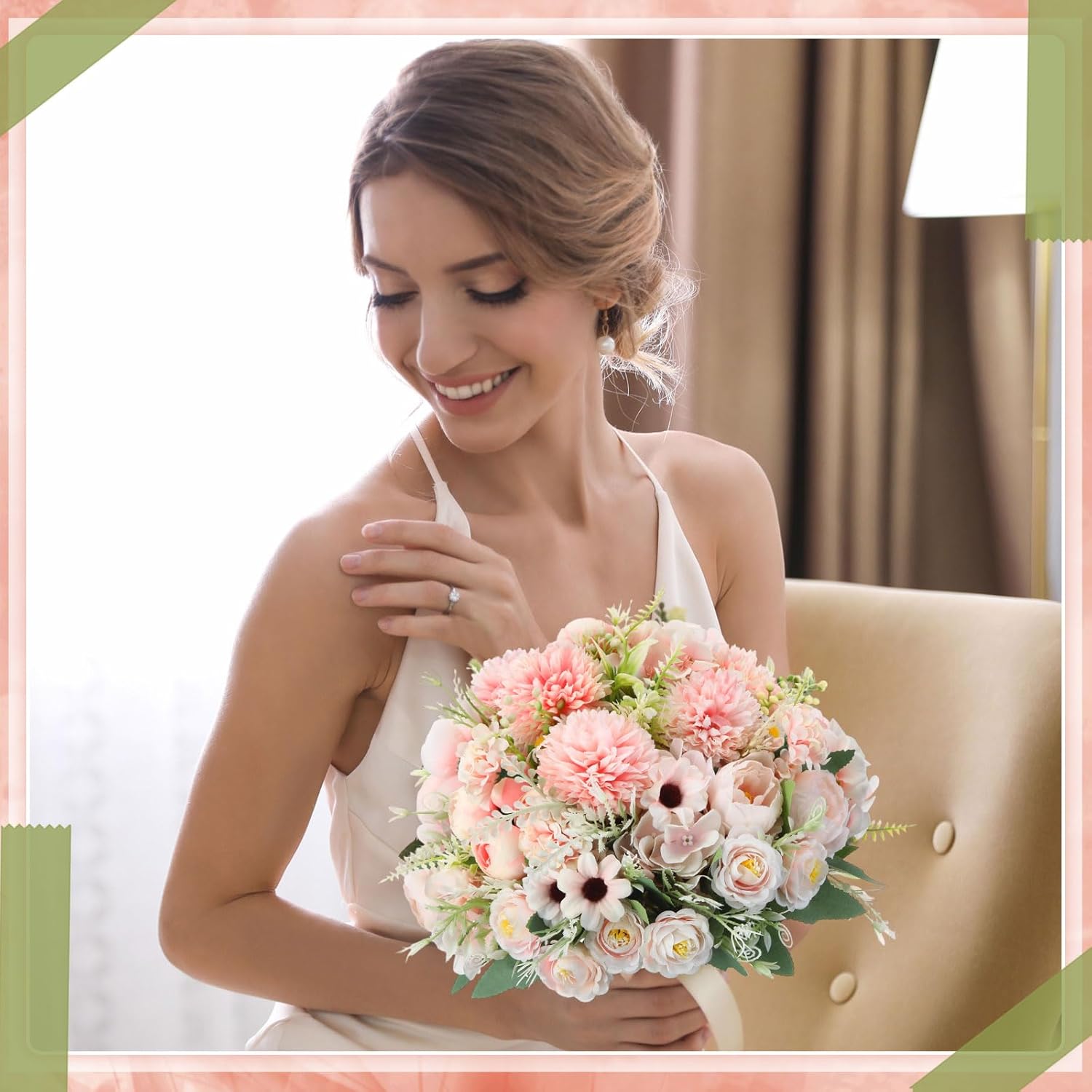 Tigeen 6 Bundles Artificial Bouquet Flowers Artificial Peonies Faux Roses Silk Flowers Hydrangea Bouquet for Wedding Table Centerpiece Floral Vase Decor (Pink)