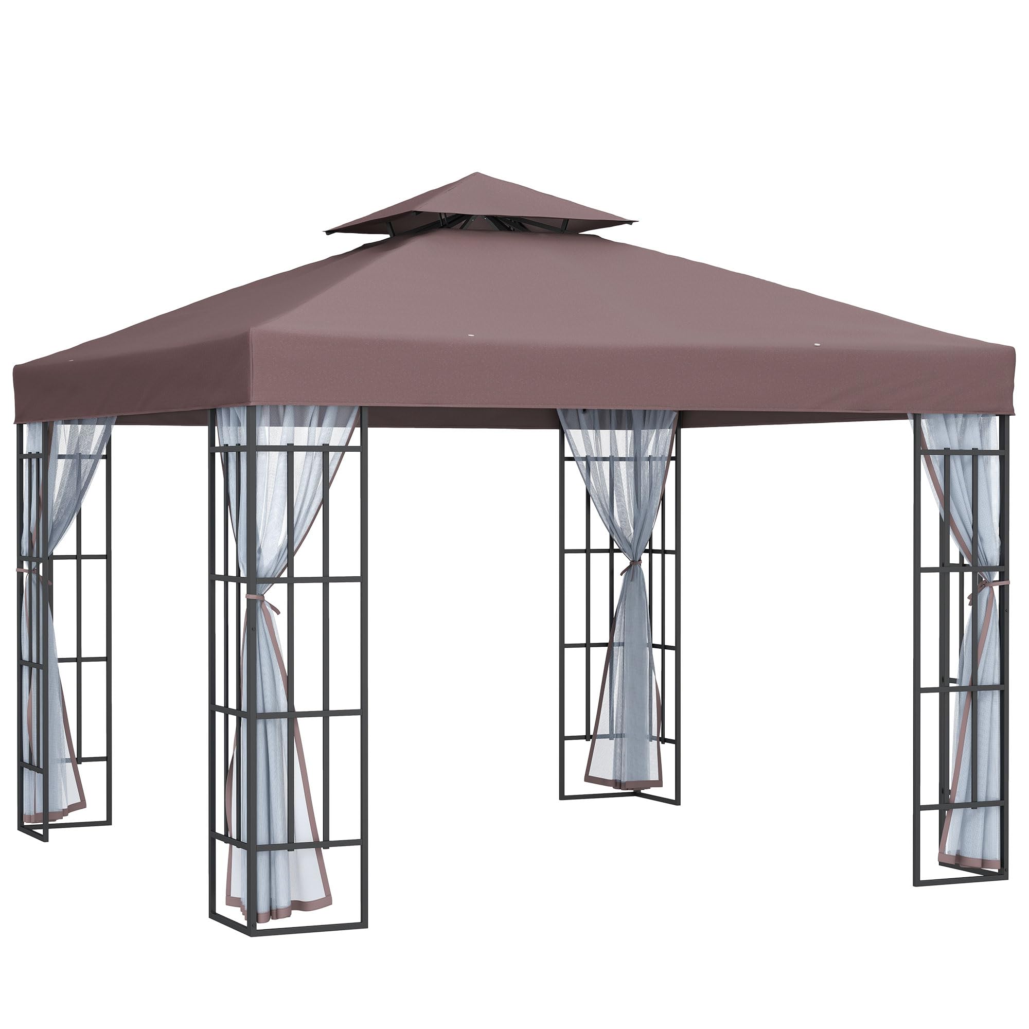 Outsunny 3 x 3(m) Patio Gazebo Canopy Garden Pavilion Tent Shelter with 2 Tier Roof and Mosquito Netting, Steel Frame, Coffee