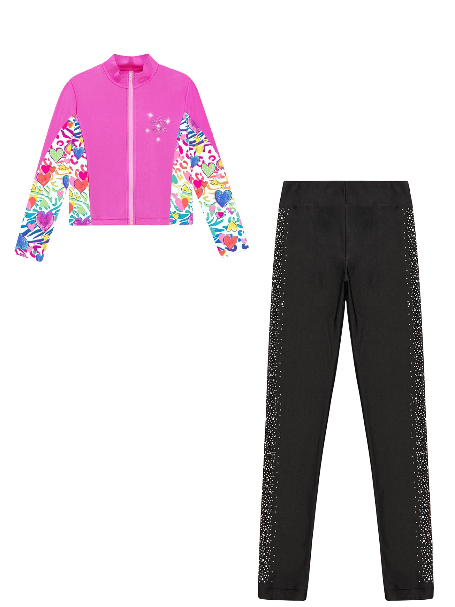 Kinder Eiskunstlauf Anzug Mädchen Bedruckte Eislaufen Jacke Leggings Glitzer Strass