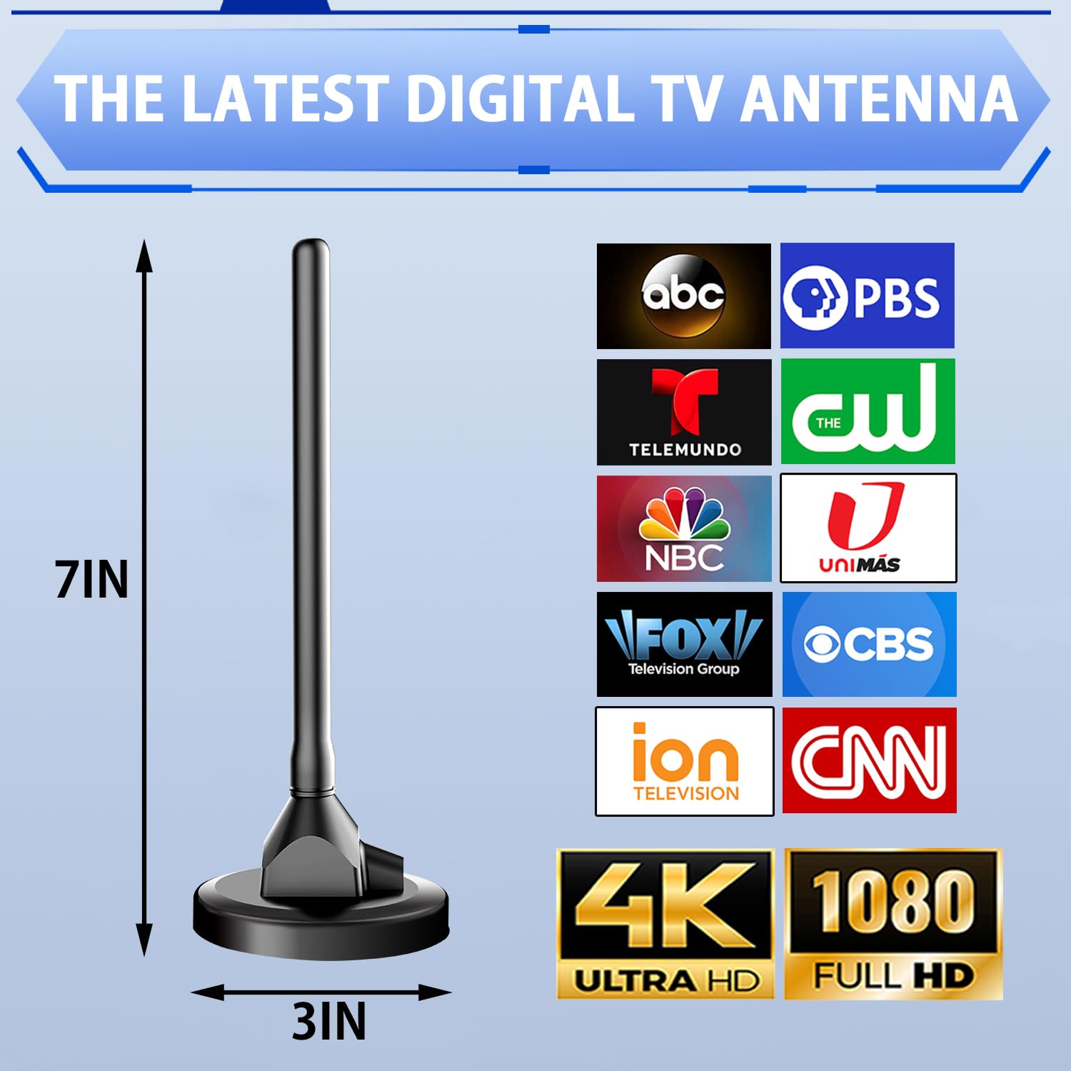 Antena de TV digital para interiores con base magnética fuerte, recepción de 360° y largo alcance para canales locales, fácil instalación, compatible con 4K 1080p para canales locales gratuitos