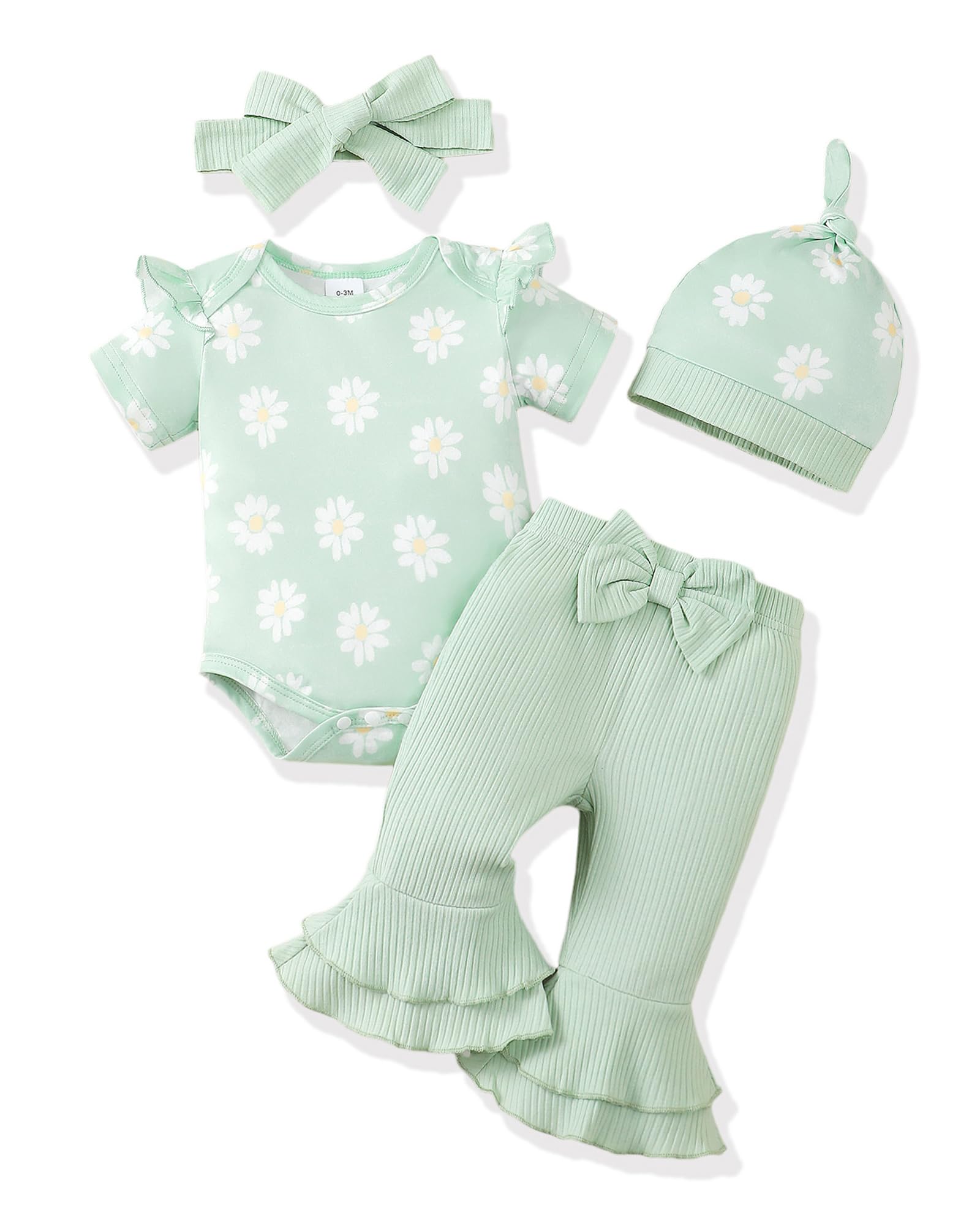Renotemy Newborn Baby Girl Clothes Infant Romper Spring Summer Outfits Gifts Bell Bottoms Pant Sets for Girls Preemie-12Month