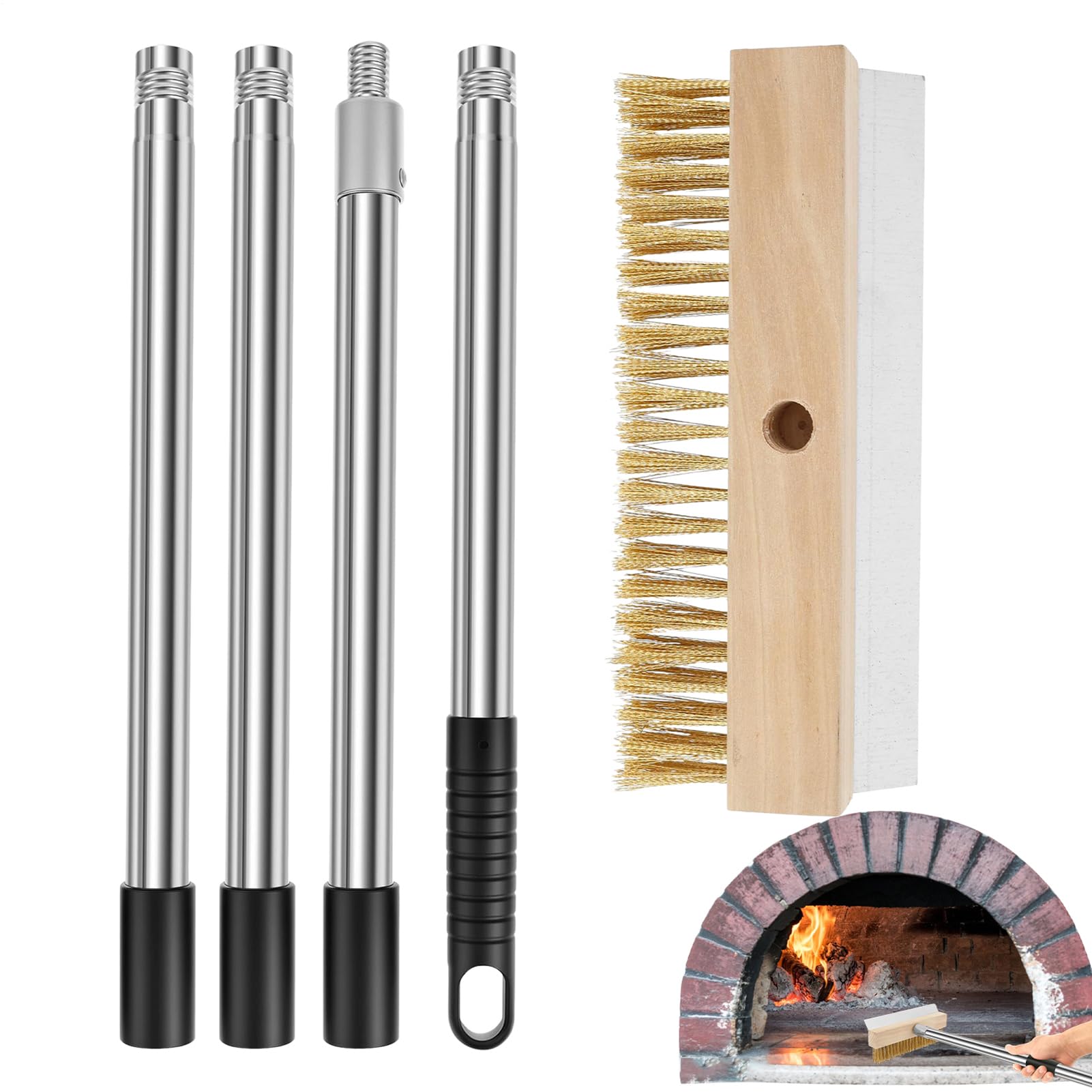 Pizza Oven Brush - Pizza Stone Brush | 58.66 Inches Grill Cleaning Brush | Heat-Resistant Barbecue Grill Clean Tool with Scraper Commercial Cooking Supply for Outdoor Kitchen Restaurant