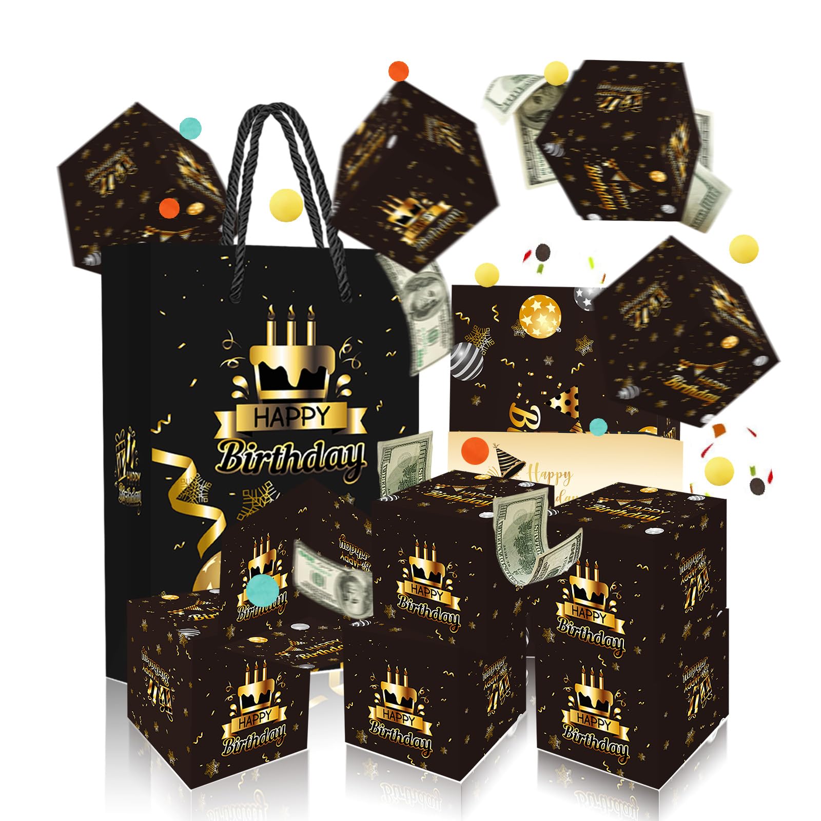 Muiltvoe Black Gold Party Surprise Money Pop Up Gift Box,Black Gold Money Explosion Gift Boxes Birthday,10Pcs Folding Bouncing Cash Boxes With Confetti,Explosion Cash Gift Box For Party Poppers Birthday Exploding Money-Card