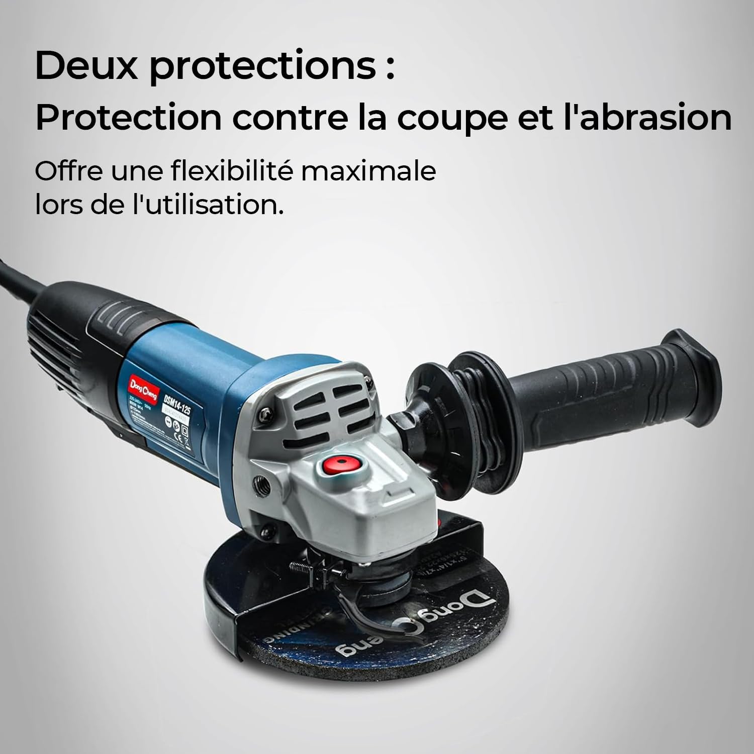 DongCheng Angle Grinder showing two types of protective covers for cutting and grinding