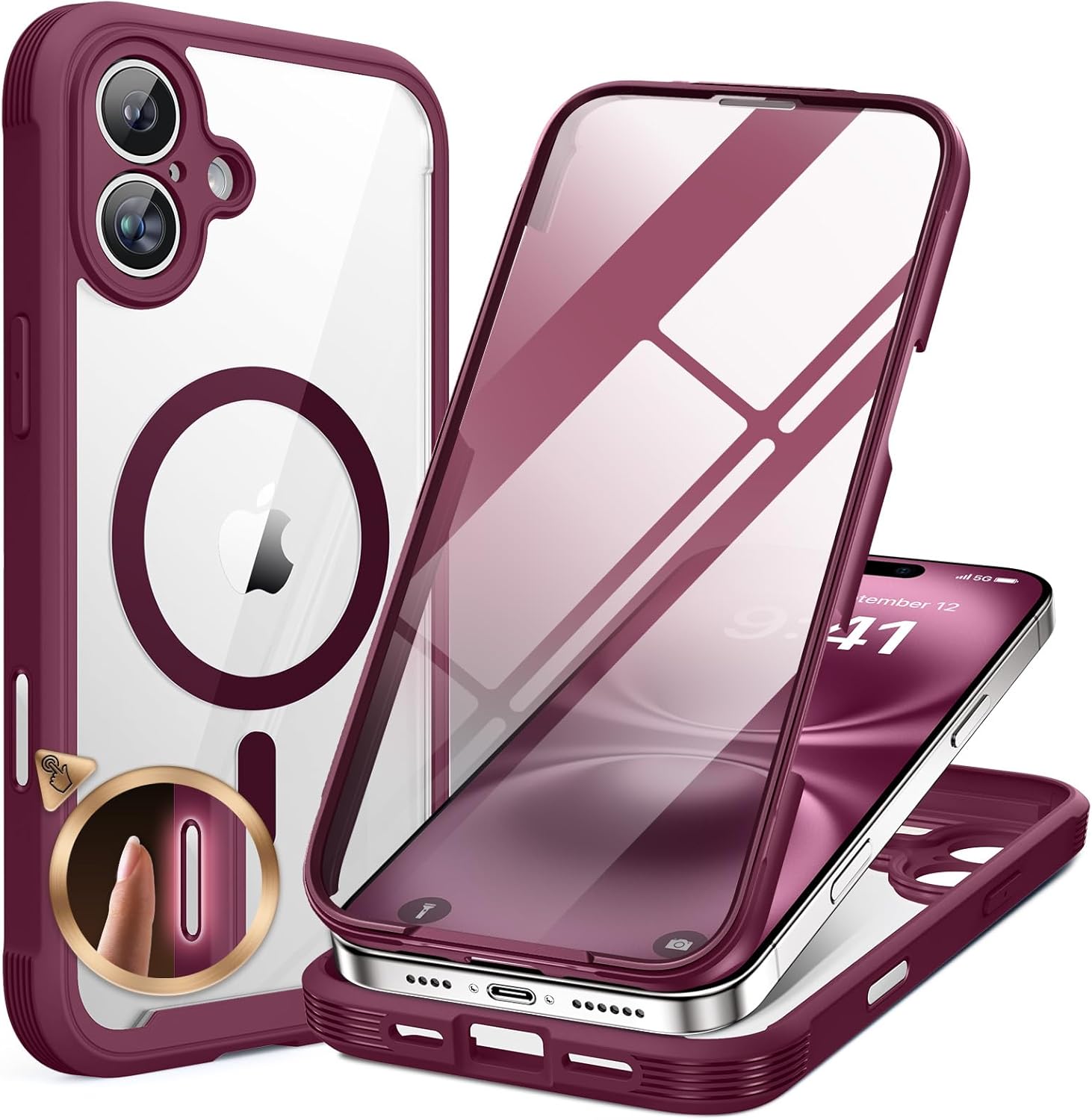 Miracase for iPhone 16 Case 6.1'', [Bubble Free] Full-Body Bumper Phone case with Built-in Full Glass Screen &Lens Protector,No Gap,Compatible with MagSafe,Drop Proof 16 Cover, Plum iPhone 16 6.1" Magnetic Plum