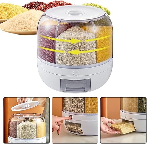 Miniatura 7 de Dispensador de arroz, dispensador giratorio de alimentos secos de 6 rejillas, cubo dispensador de granos, recipientes para almacenamiento de