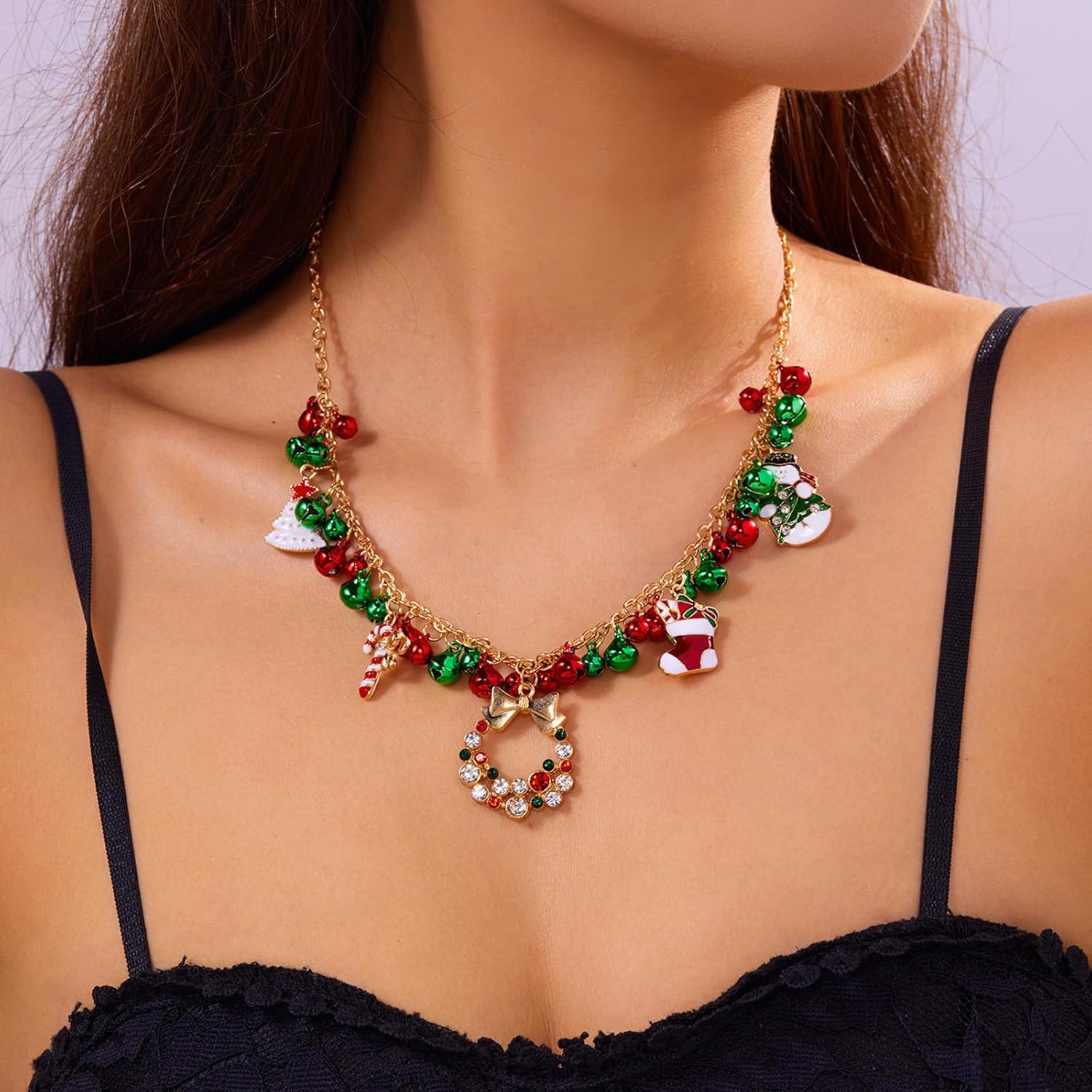 Roe Dolph Christmas Jewelry for Women Christmas Earrings Necklace Set Jingle Bell Red Green Beaded Xmas Neckalce Earrings Set Stocking Stuffers - Image 2