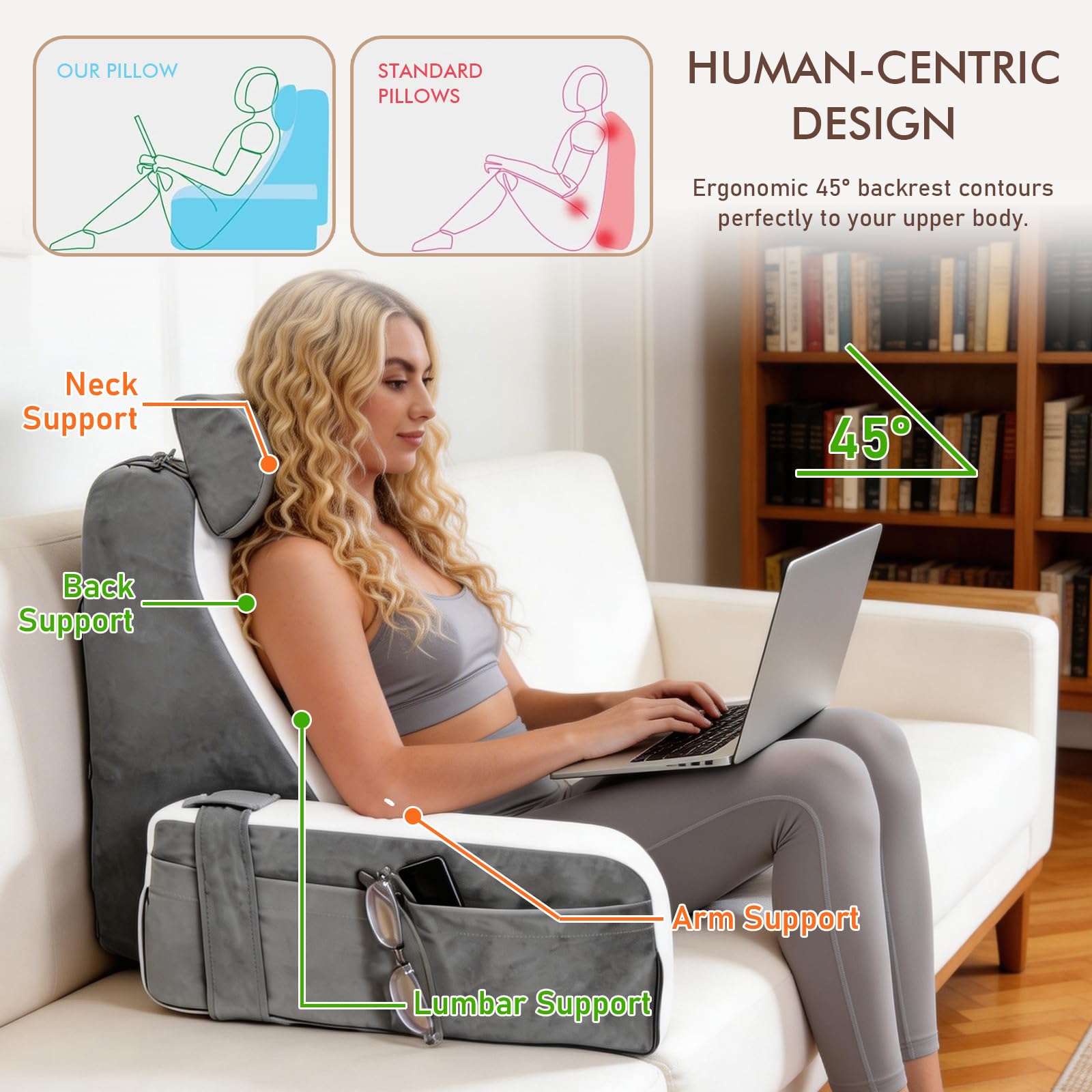 Cojín de lectura con cojín cervical y reposabrazos, gris y blanco, tela de felpa, bolsillos laterales, respaldo ergonómico, cojín de lectura, cojín de lectura y relajación, cojín de cuña
