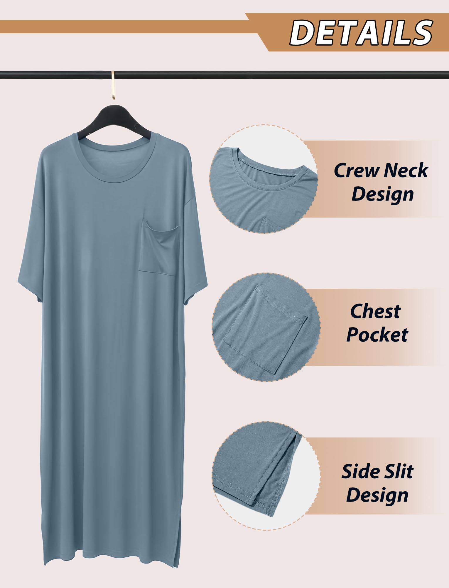 FEOYA Chemise de nuit longue pour homme - Chemise de nuit - Vêtements de détente - Chemises de nuit confortables à manches courtes
