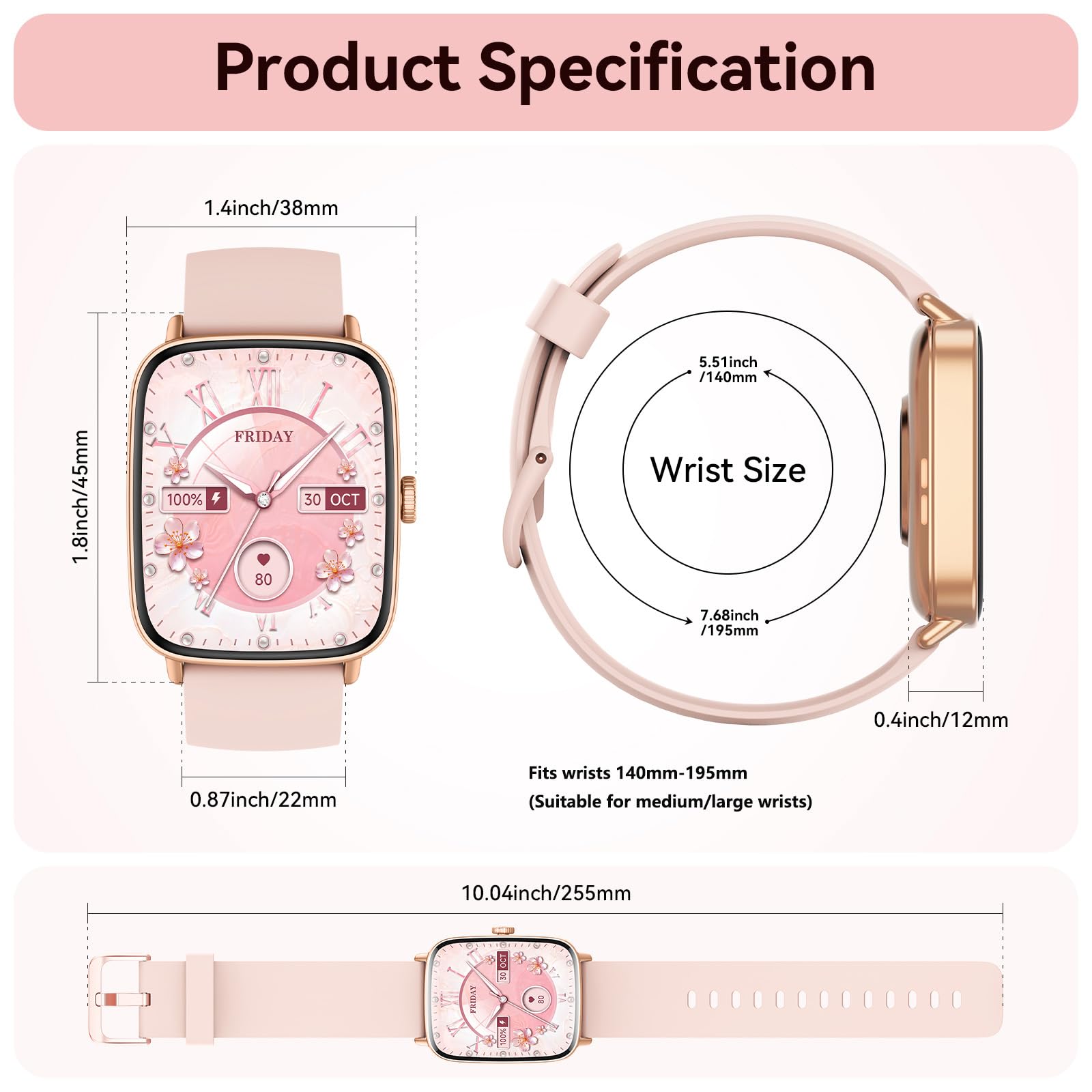 Tensky Smart Watch for Women/Men Android & iPhone, 1.85" Touch Screen Fitness Tracker with Answer/Make Call, IP68 Waterproof 24/7 Health/Sleep Monitor, Pedometer, 100+ Sport Modes (2 Bands)