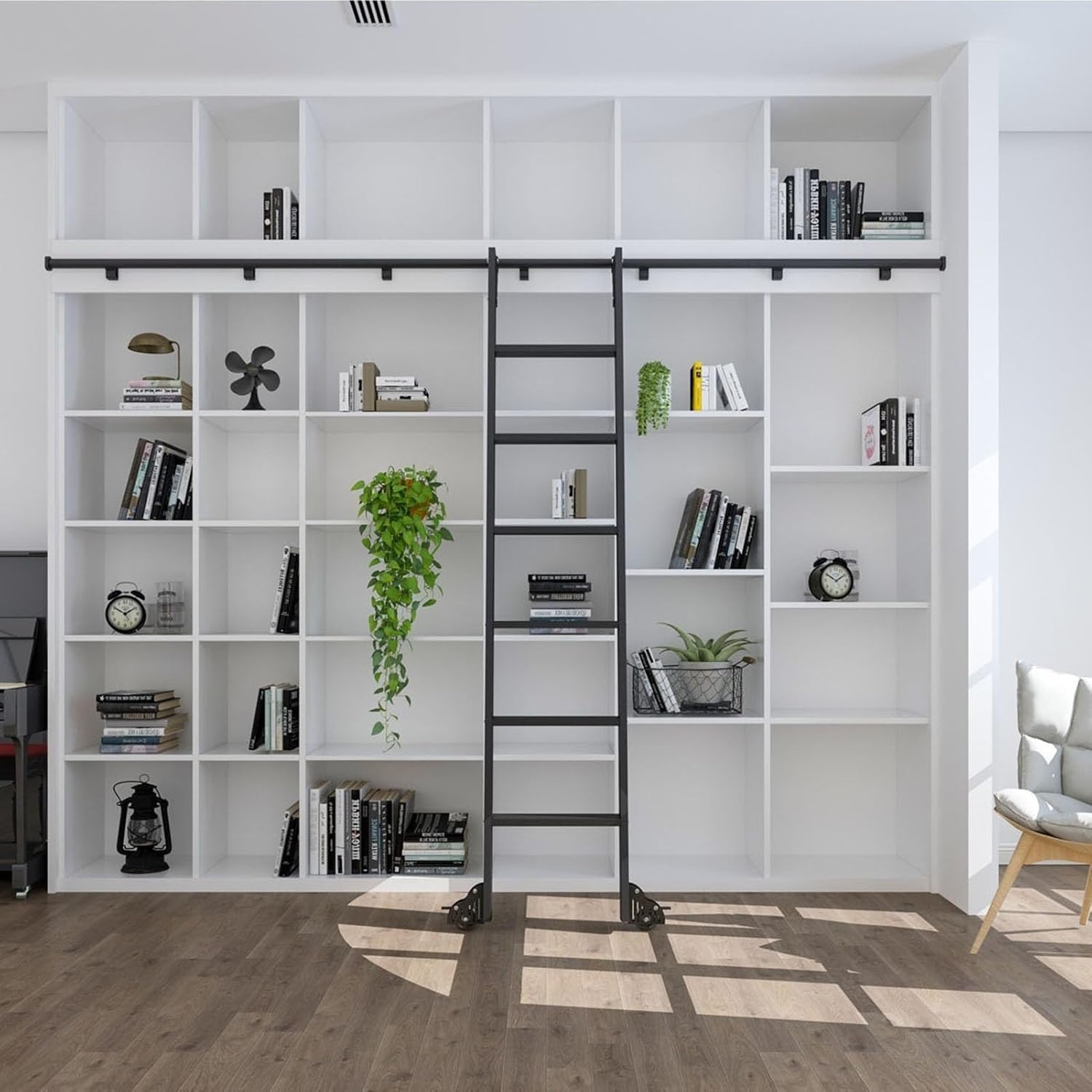 Hook on Sliding Library Ladder Hardware Rolling Full Set Track Kit, Telescopic Upper Hook Roller, Floor Wheels with Brakes (No Ladder), Multi-use for Loft Stairs/Bookshelf(4ft/122c