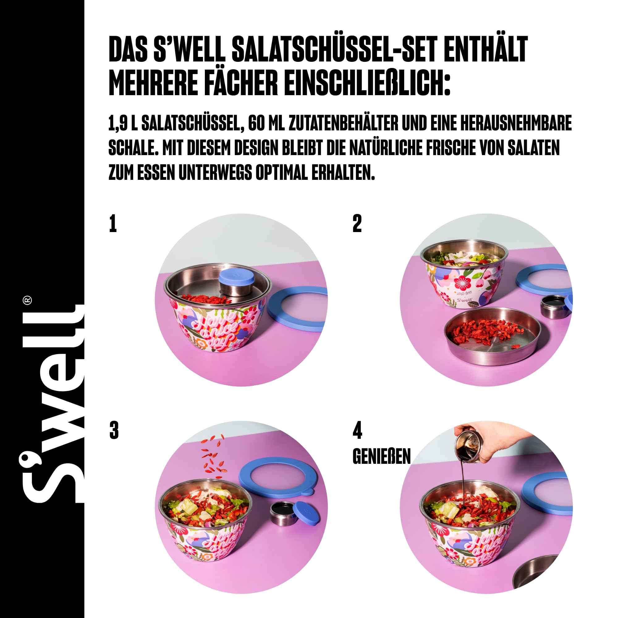 S'well x Steffi Lynn Salatschüssel-Set aus Edelstahl, 1,9 l, Kunstdesign, mit 60 ml Gewürzbehälter und abnehmbarer Schale zur Organisation, auslaufsicher, leicht zu reinigen, spülmaschinenfest