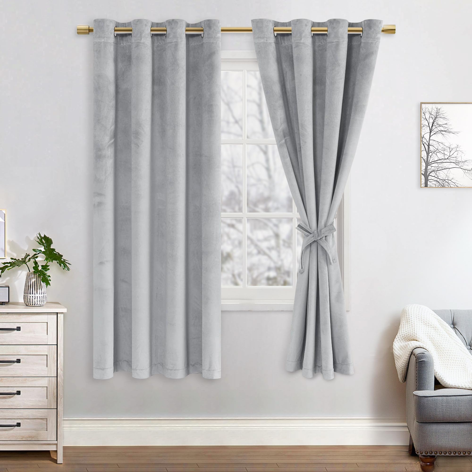 JIUZHEN Velvet blackout curtains, set of 2, soft opaque curtains with eyelets for bedroom 140 x 175 cm (width x height), silver grey