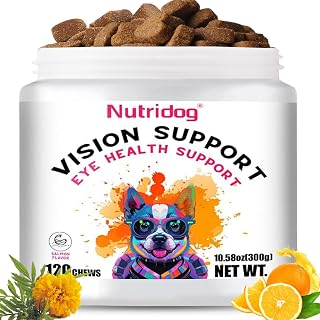 Eye Supplements for Dogs - Vision Support Soft Chews with Lutein, DHA & Vitamin C | 120ct Salmon Flavor Tear Stain Chews | Cataract & Dry Eye Relief Supplement (120 Ct, Salmon) - Amazon product rated Grade A