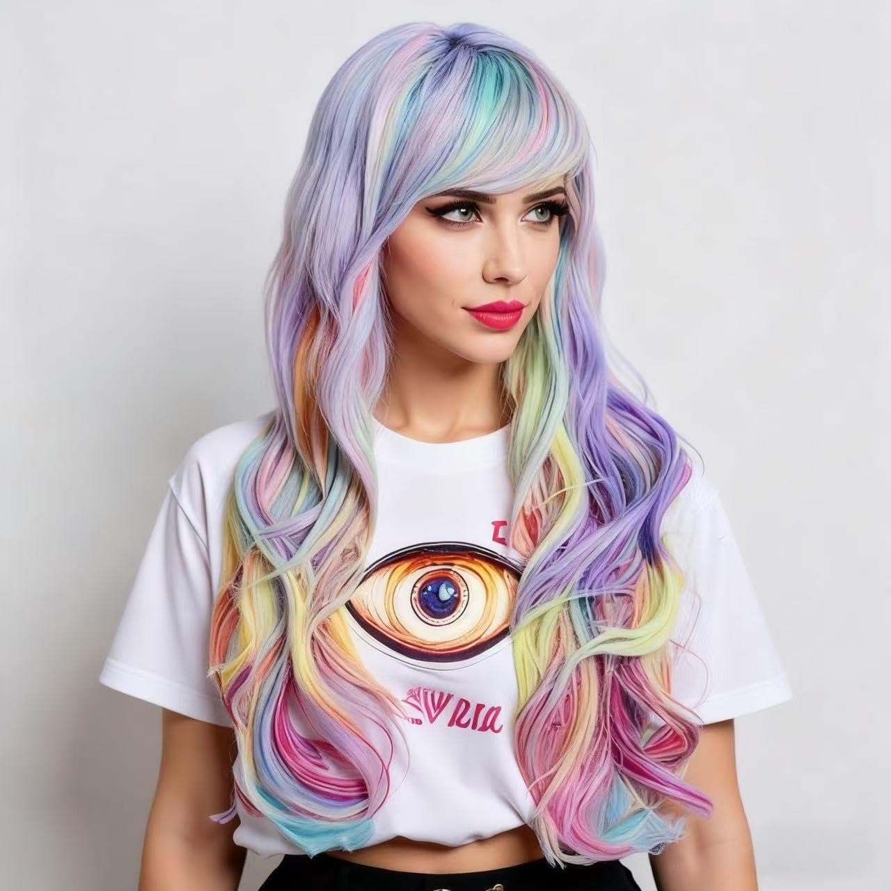 Rugelyss Rainbow Colorful Wigs for Women 26 Inches Long Wavy Fashion Synthetic Full Head Hair Wig with Bangs for Cosplay or Party - Image 3