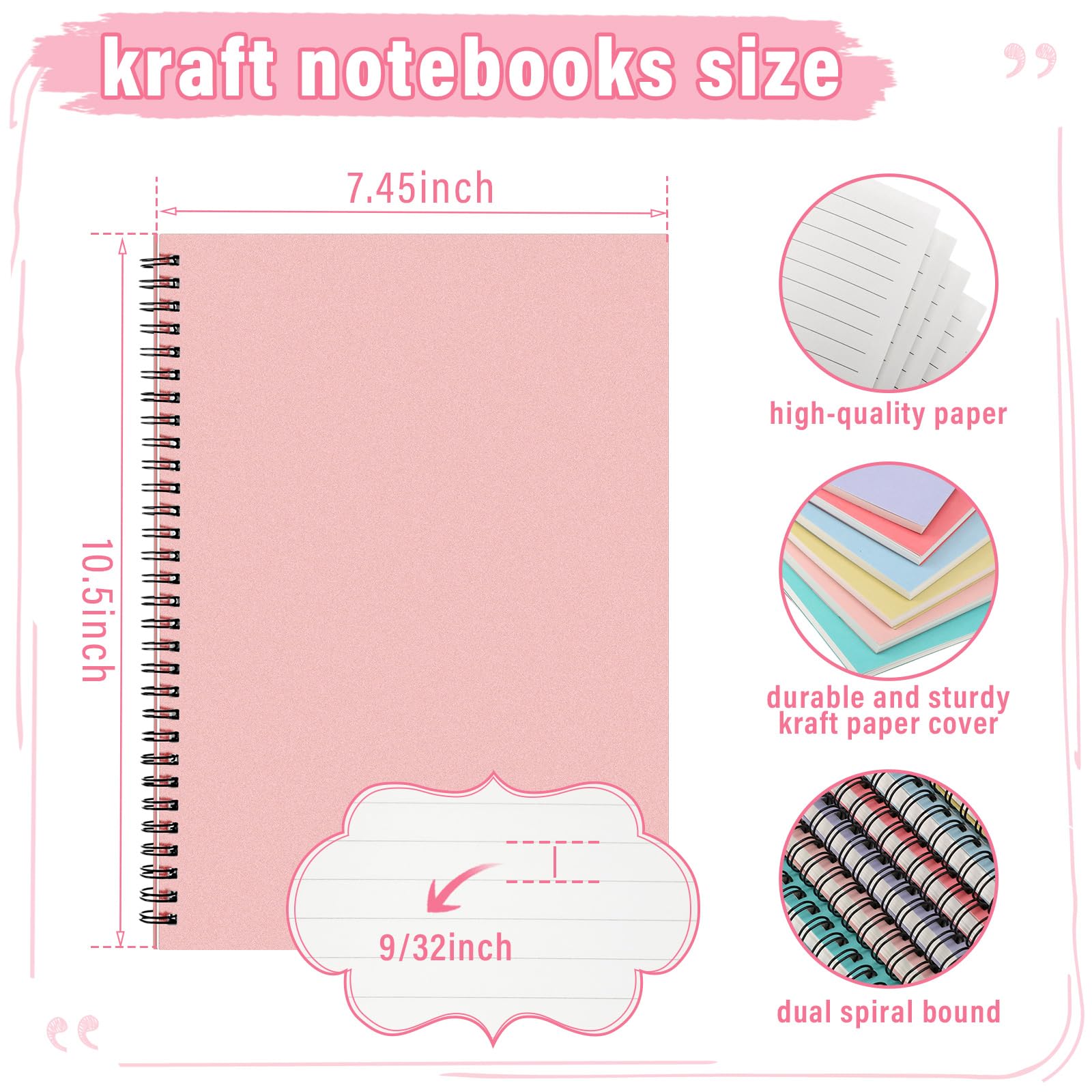 Fuutreo Confezione da 6 quaderni a spirale, 10,5 x 7,45, colori artistici, luminosi | Quaderno a spirale B5 a righe, 140 pagine, con copertina in carta kraft, a righe, per ufficio e scuola