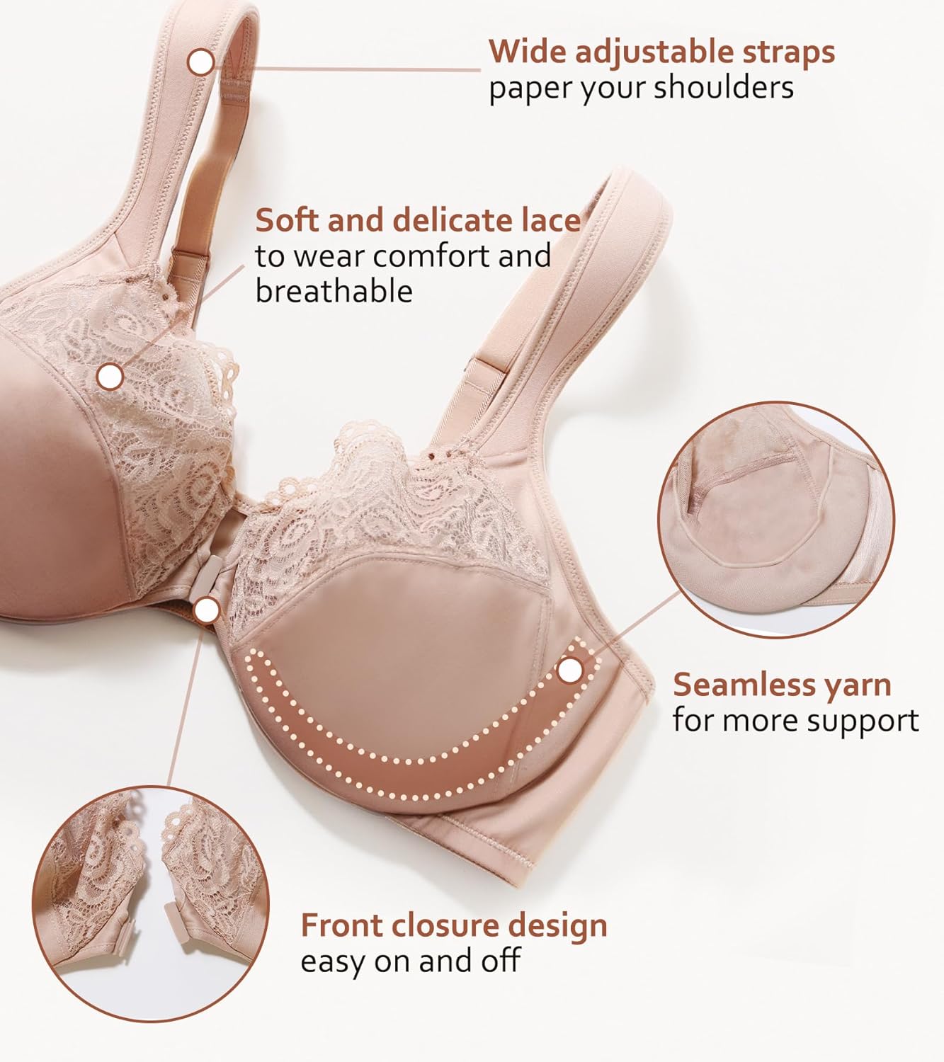 DotVol Women's Plus Size Front Closure U-Back Underwire Wide Strap Everyday Bra - Image 6