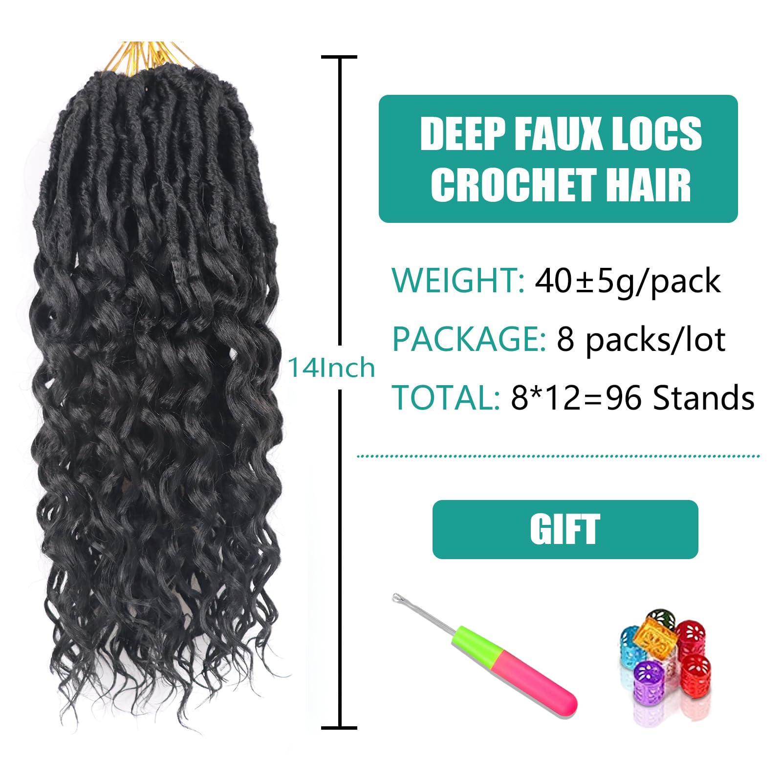 Deep Faux Locs Crochet Hair 14 Inch 8 Packs Goddess Locs Crochet Braids Soft Faux Crochet Braids with Curly Ends Pre Looped Deep Wavy Crochet Hair for Black Women (14 Inch, 1B)
