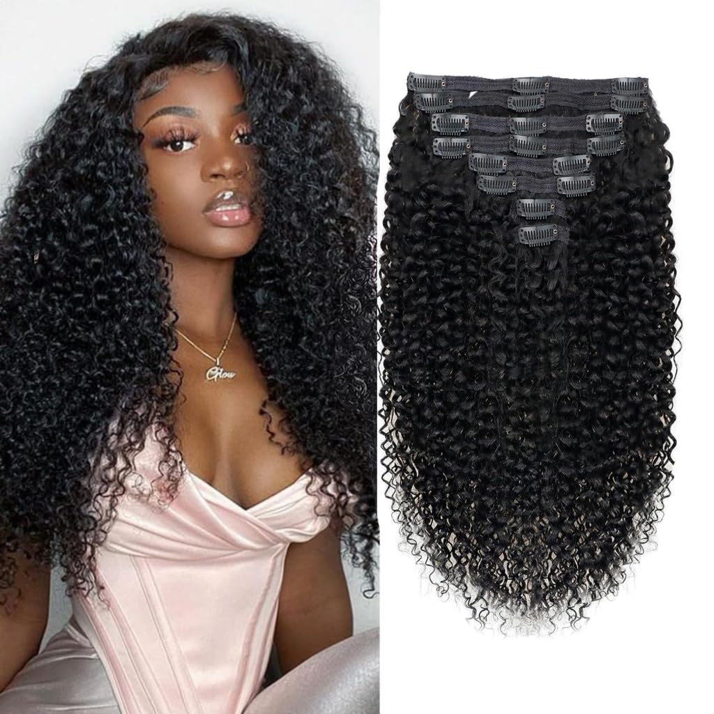 Datanala Kinky Curly Clip in Hair Extensions 8Pcs/lot 120g With 18 Clips 14Inch Brazilian Virgin Kinky Curly Clip in Hair Extension Real Human Hair Natural Black Color For Black Women