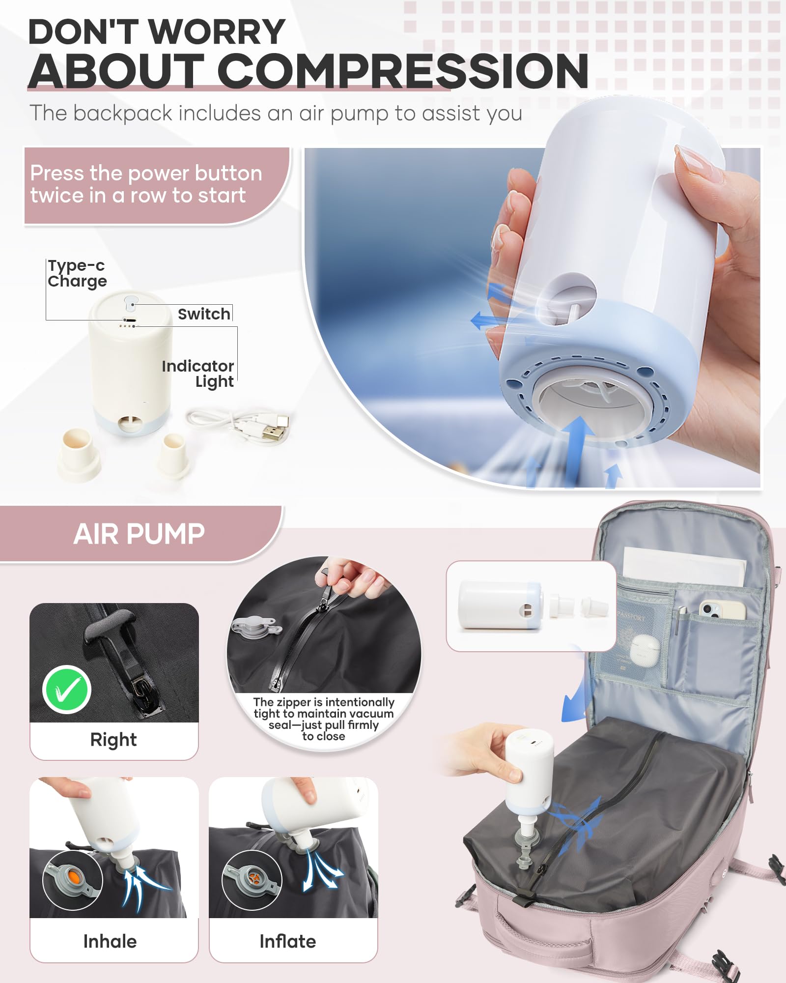 SZSYCN Zaino da Viaggio con Sottovuoto Ryanair 40x30x20 Wizzair Borse da Cabina per Ryanair 40x20x25 Bagaglio a Mano Sottovuoto con pompa,Zaino Casual per Laptop