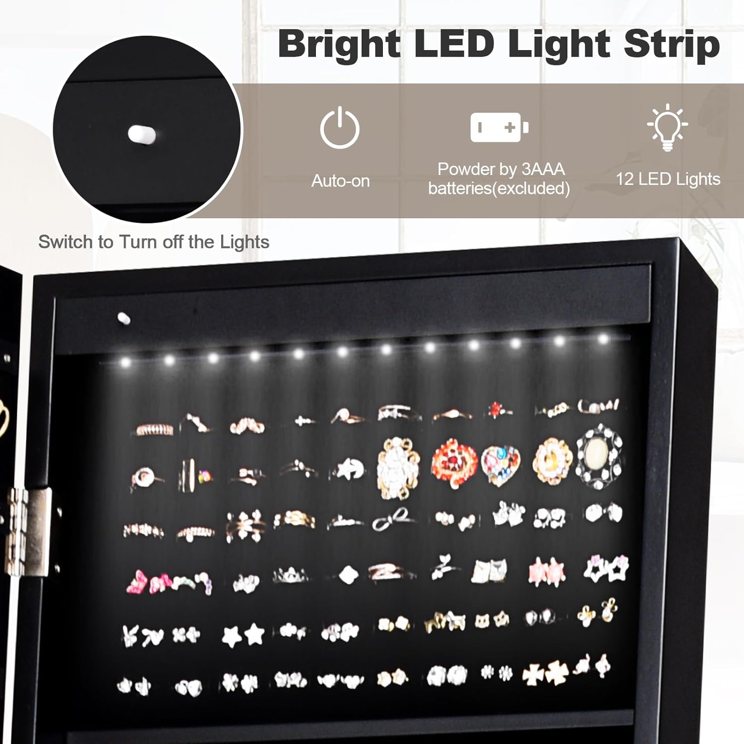 Giantex 12 LED Jewelry Armoire Cabinet with Frameless Full-length Mirror, Standing Jewelry Cabinet with 16 Lipstick Holders, Large Storage Capacity, 3 Angles Adjustable (Black)