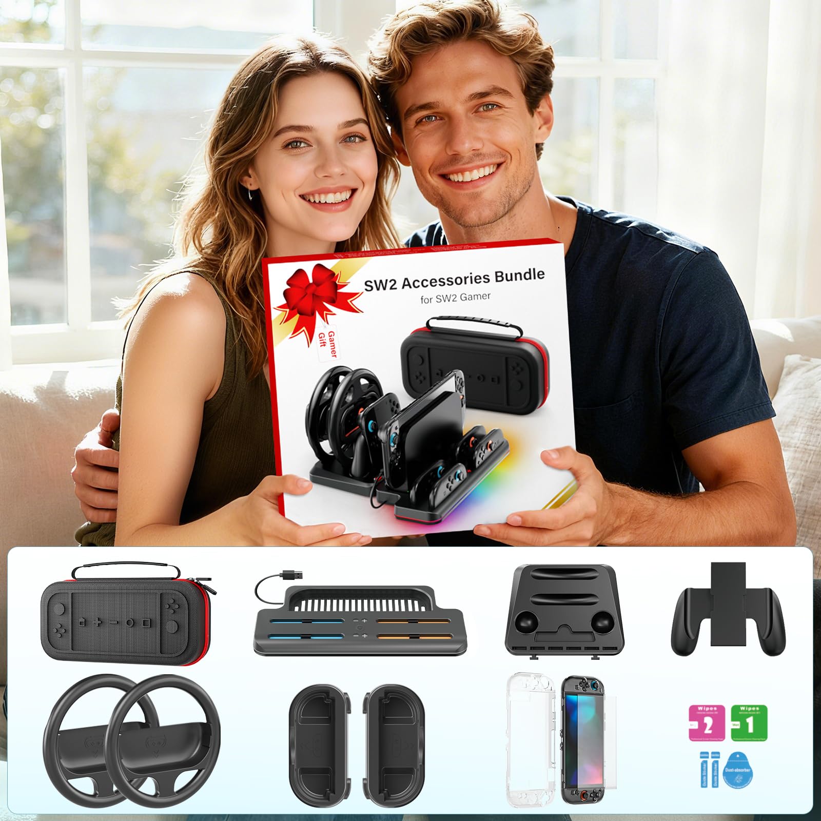 10 in 1 Switch 2 Zubehörset, Große Switch 2 Tasche, Joy Con 2 Ladestation, Spiel Lenkräder und Griffe, Organizer Station, Schutzhülle und Bildschirmschutz, Gamer Zubehör Geschenke