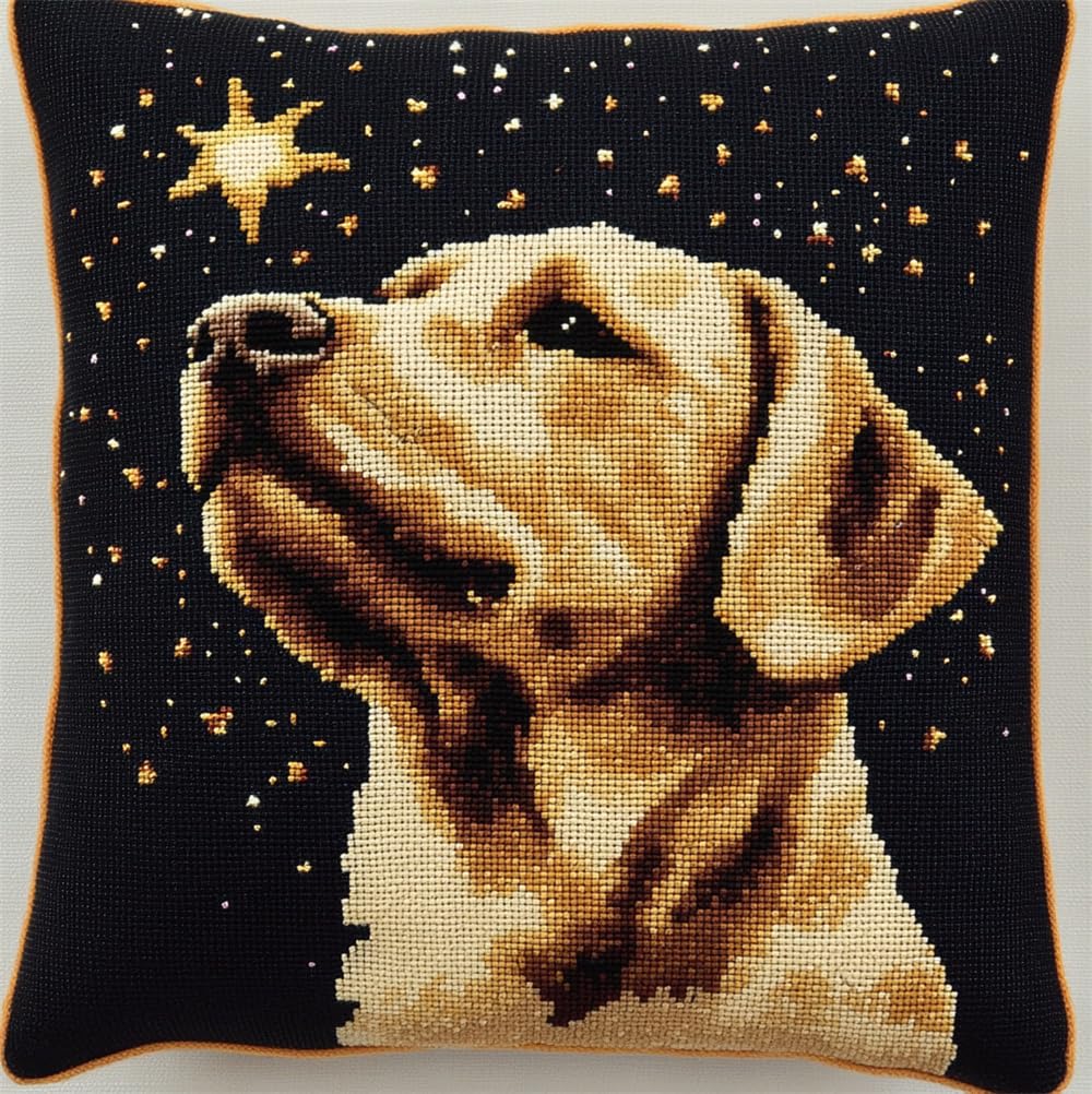 Hdfvlfdsa Cross Stitch Cushion Kit, Labrador Looking Up at The Stars 17.7X17.7In(45X45Cm) Cushion Back Included, Pre Printed Canvas, Stamped Cross Stitch Pillowcase Yarn and Needle Included Embroider