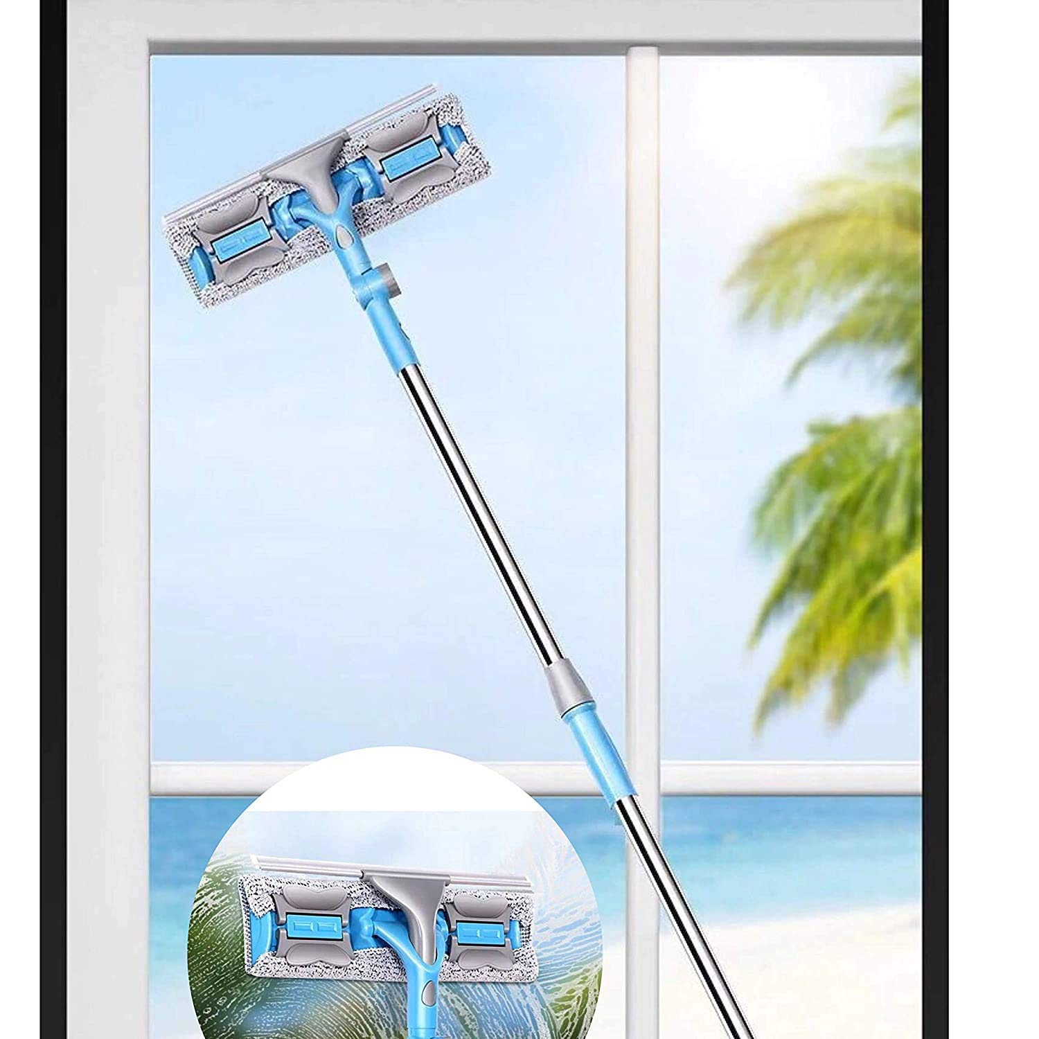 Brand Bucket Magnetic Window Cleaner Clean Wash Brush Double-sided Long Rod Rotate Window Cleaner Wiper Cleaning Easy Floor Cleaning for Car and High Windows (128 Cm) (Blue)