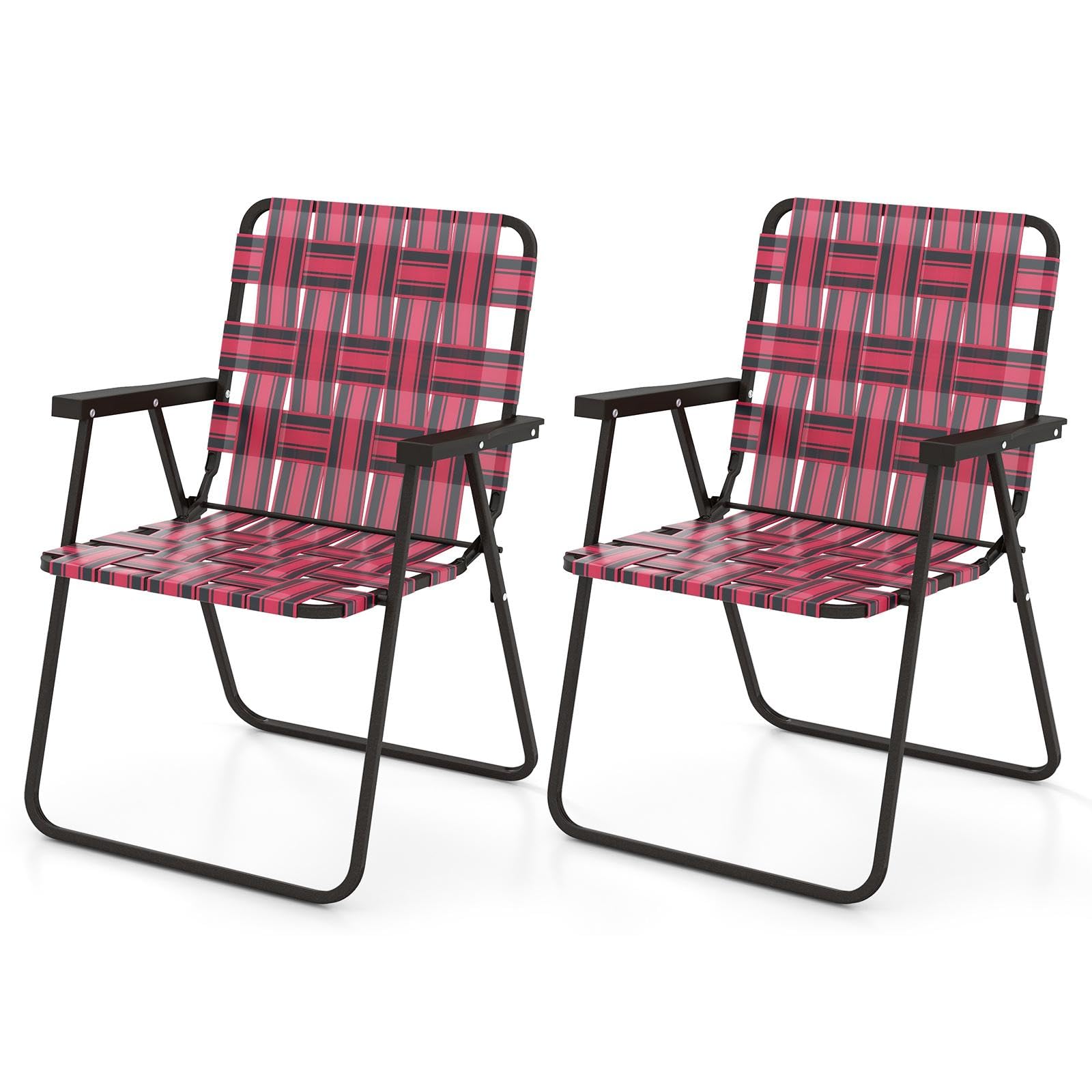 LDAILY Moccha Folding Chair Set of 2, Patio Lawn Chairs with Armrest, Sturdy Steel Frame, 2 Pack Portable Outdoor Chair, Webbed Lawn Beach Chair for