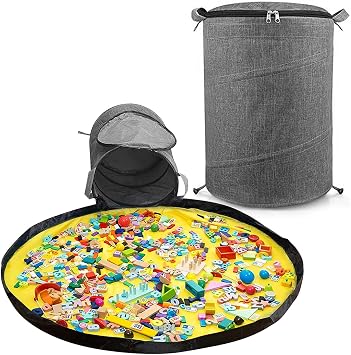 Kids' Toy Storage Organizers with Play Mat, Large Kids Canvas Bag/Bin with Zipper for Building Blocks, Cars, Dolls and Other Toys - Grey