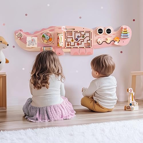 Miniatura 8 de ROBOTIME Paneles de pared de tablero de cocodrilo para niños pequeños, tablero de actividades sensoriales Montessori rosa, juguete Montessori
