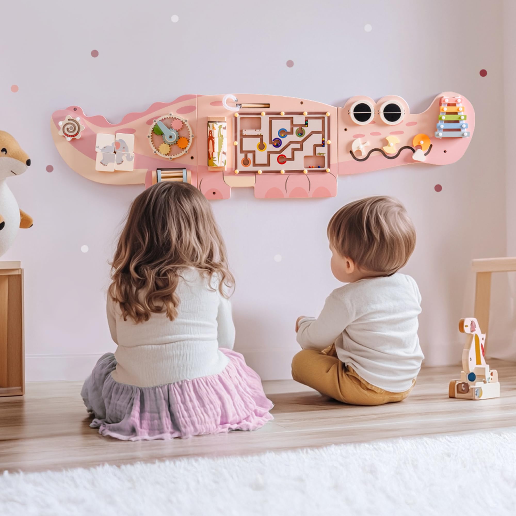 Paneles de pared de tablero de cocodrilo para niños pequeños, tablero de actividades sensoriales Montessori rosa, juguete Montessori sensorial montado en la pared para habitación de niños 8